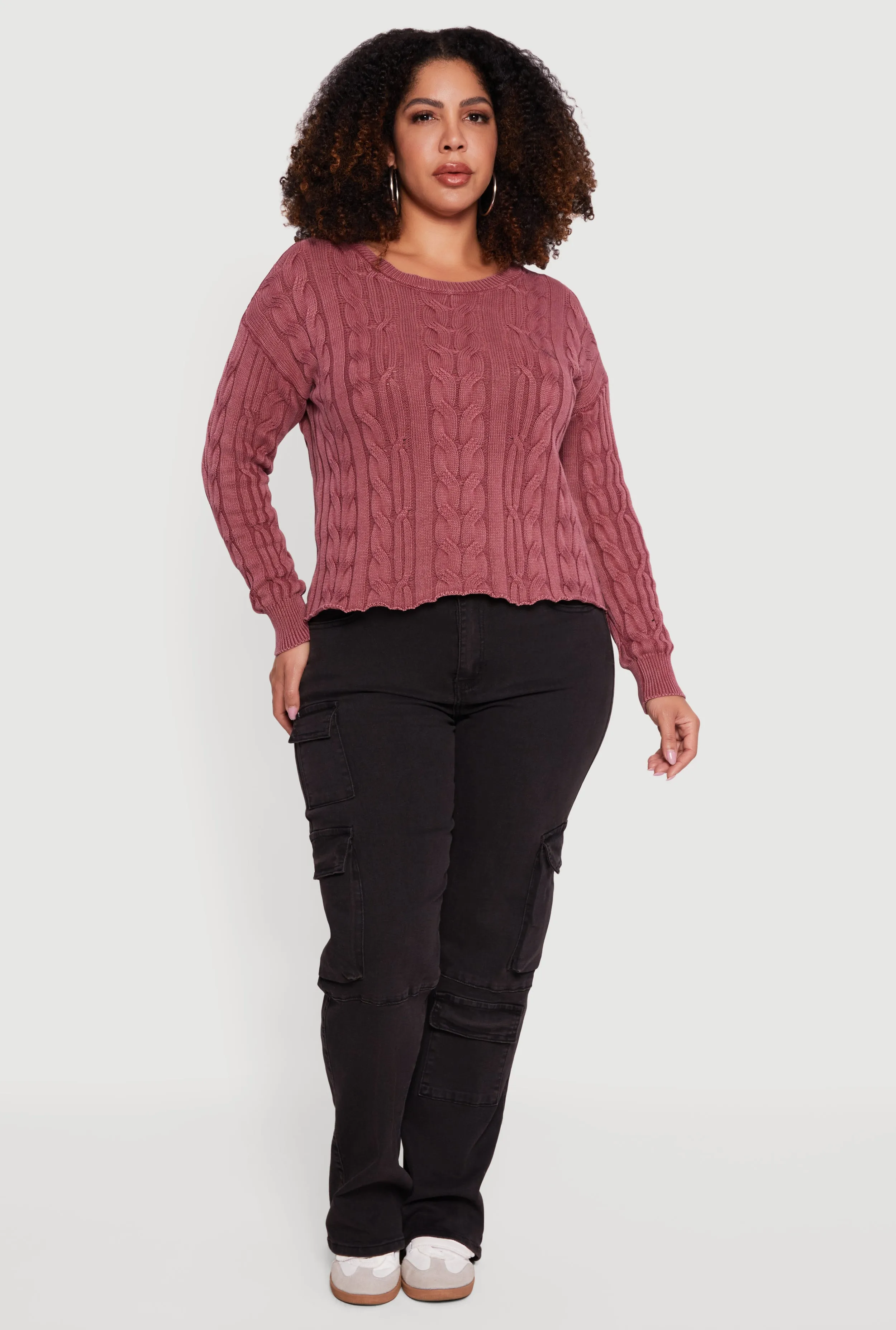 Plus Size Long Sleeve Cable Knit Crew Neck Sweater sold by Rainbow
