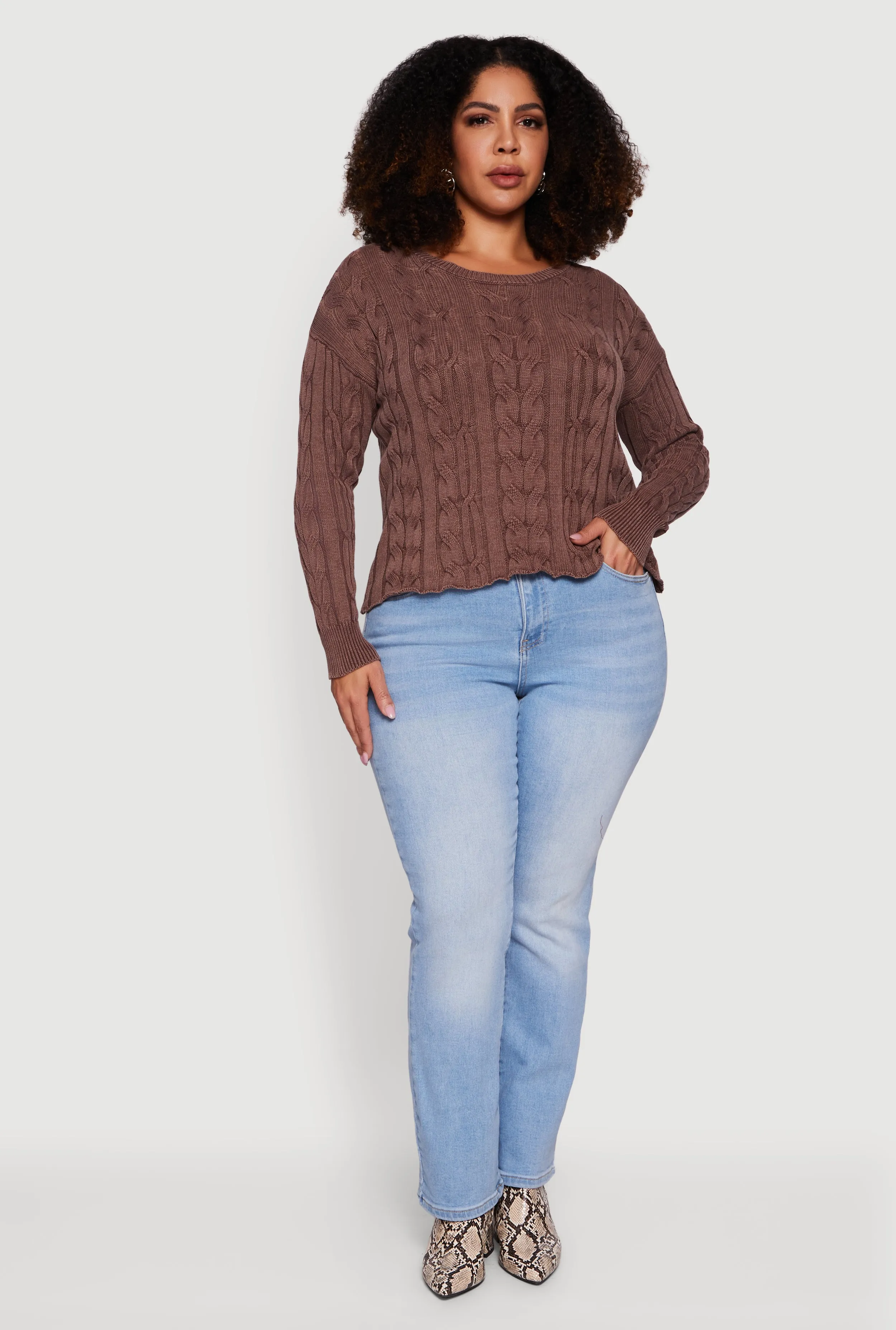 Plus Size Long Sleeve Cable Knit Crew Neck Sweater sold by Rainbow product image thumbnail 3