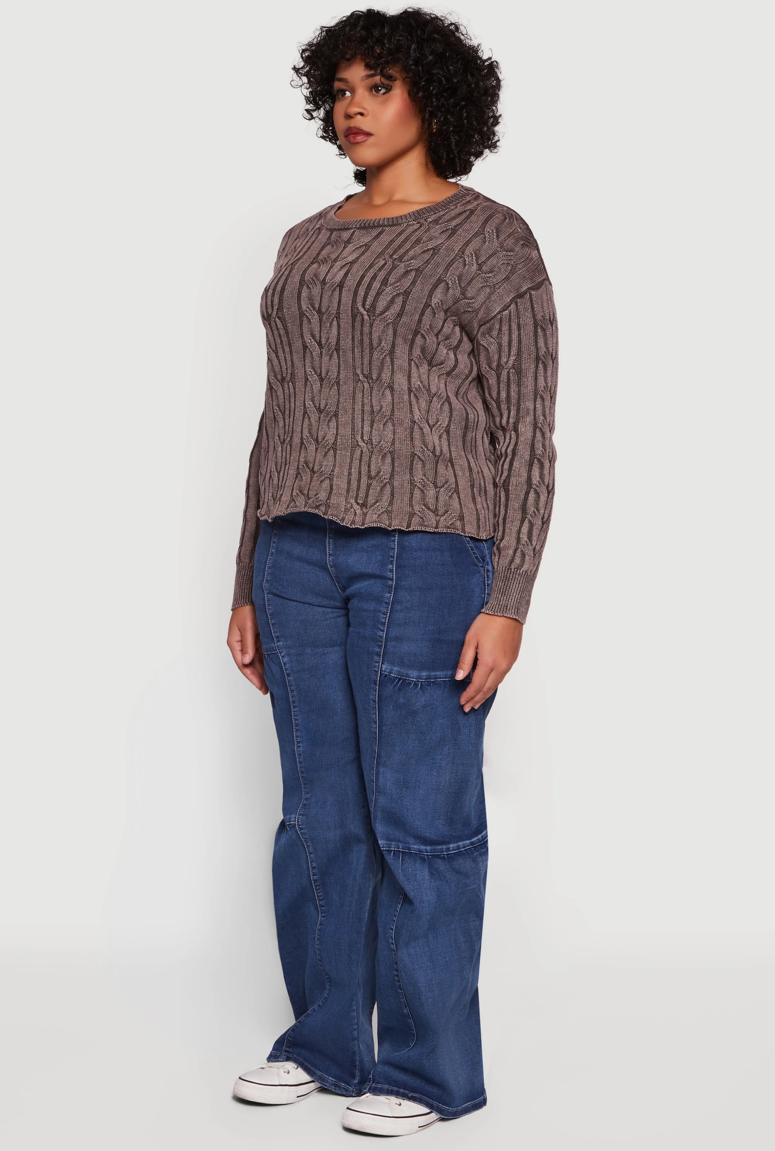 Plus Size Long Sleeve Cable Knit Crew Neck Sweater sold by Rainbow product image thumbnail 5