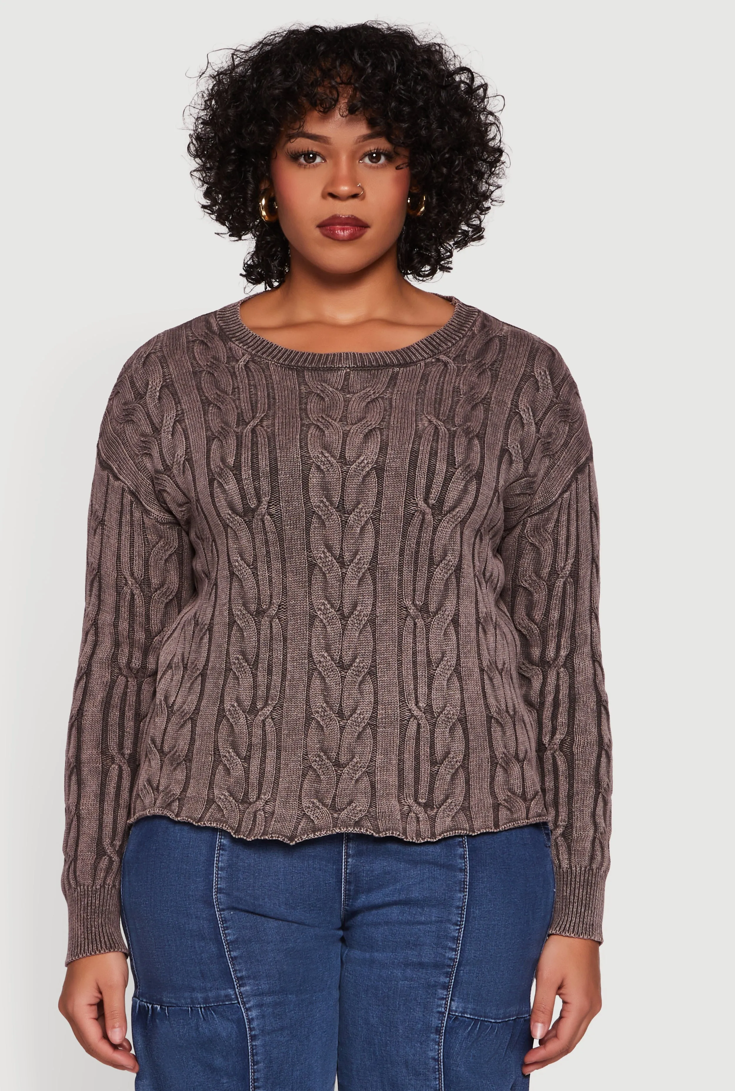 Plus Size Long Sleeve Cable Knit Crew Neck Sweater sold by Rainbow product image thumbnail 2