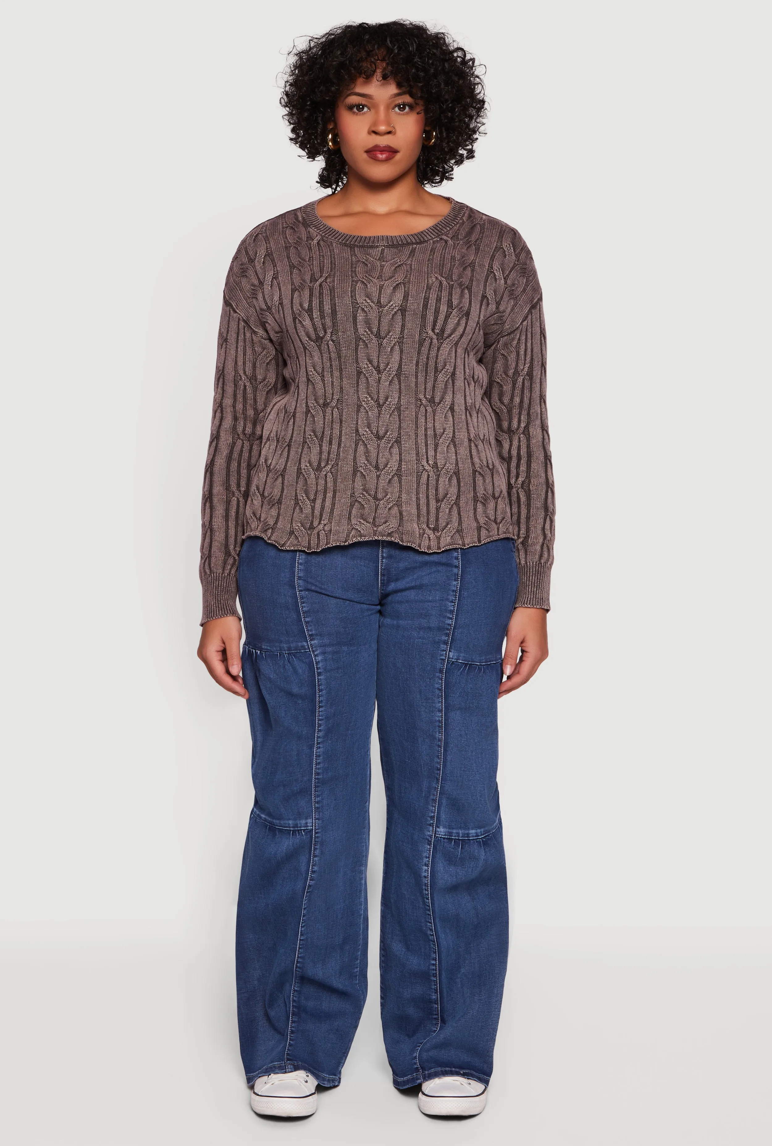 Plus Size Long Sleeve Cable Knit Crew Neck Sweater sold by Rainbow product image thumbnail 3