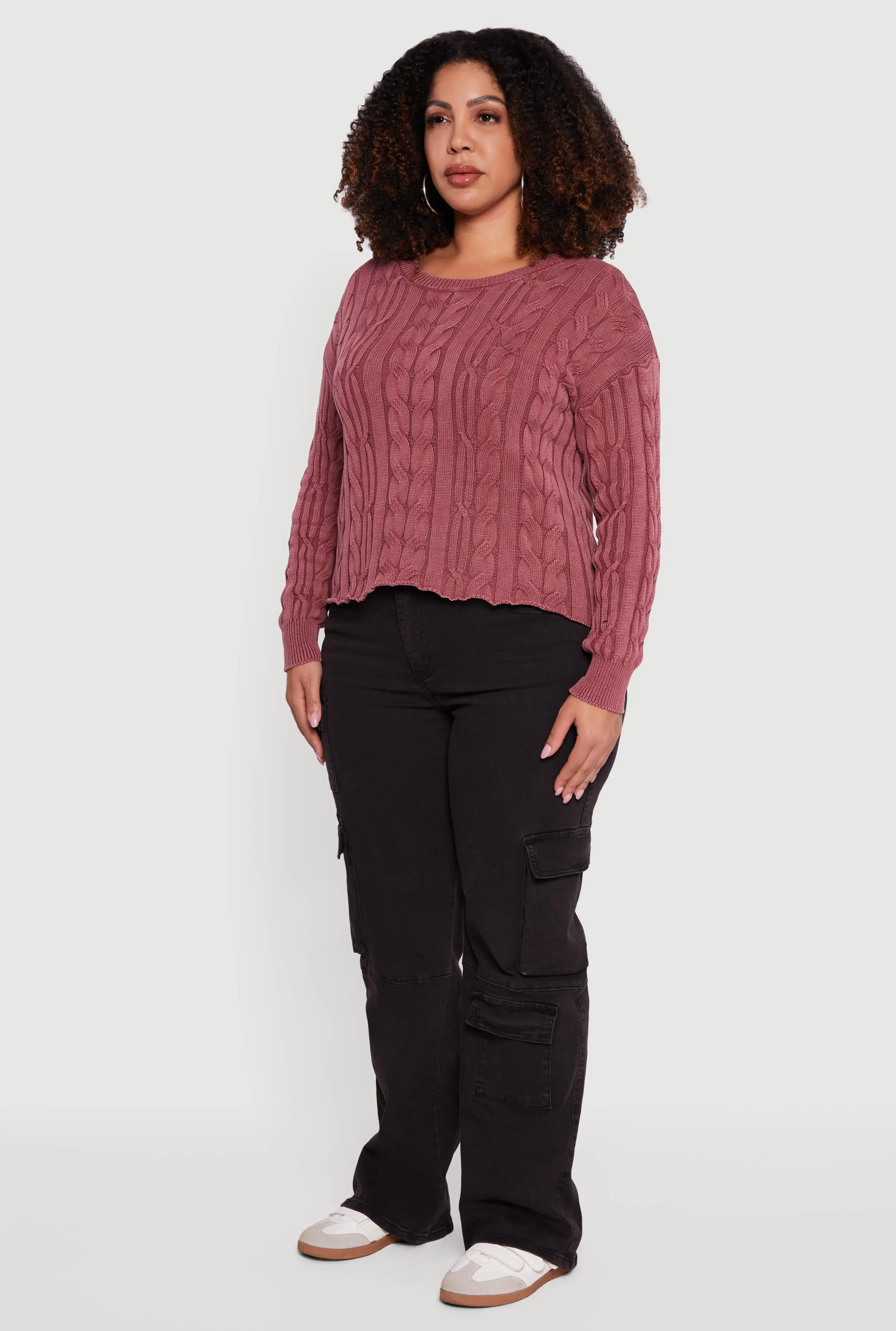 Plus Size Long Sleeve Cable Knit Crew Neck Sweater sold by Rainbow product image thumbnail 5