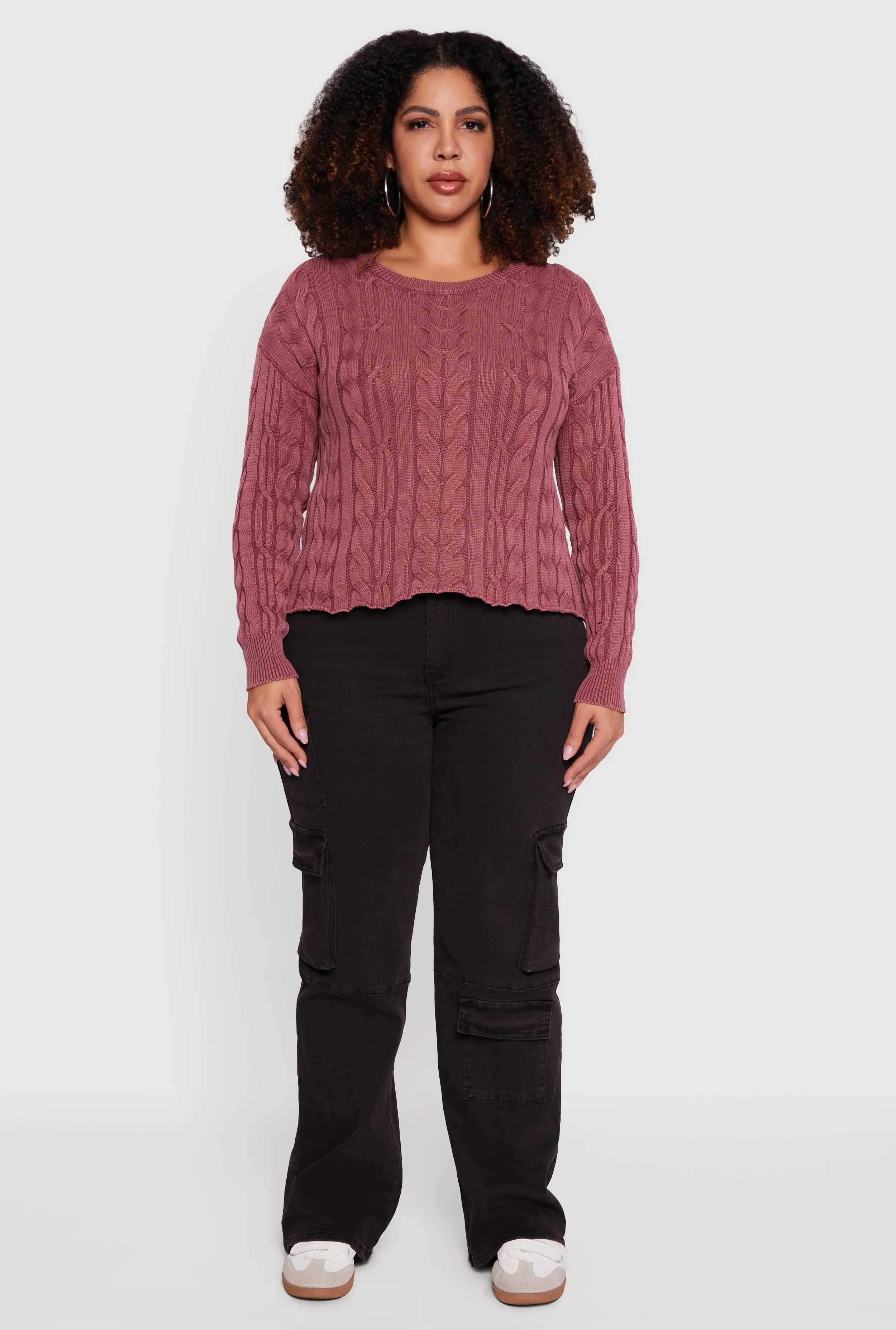 Plus Size Long Sleeve Cable Knit Crew Neck Sweater sold by Rainbow product image thumbnail 3