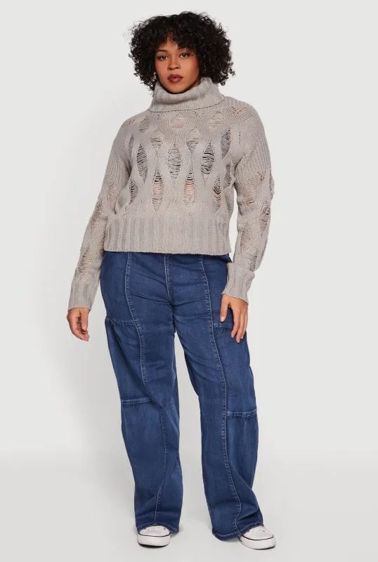Plus Size Distressed Cable Knit Turtleneck Sweater sold by Rainbow