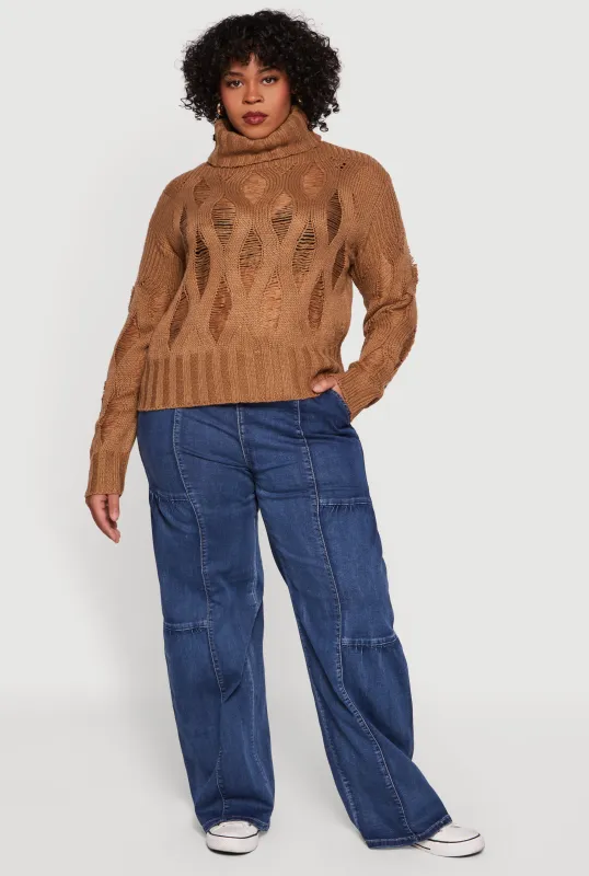 Plus Size Distressed Cable Knit Turtleneck Sweater sold by Rainbow