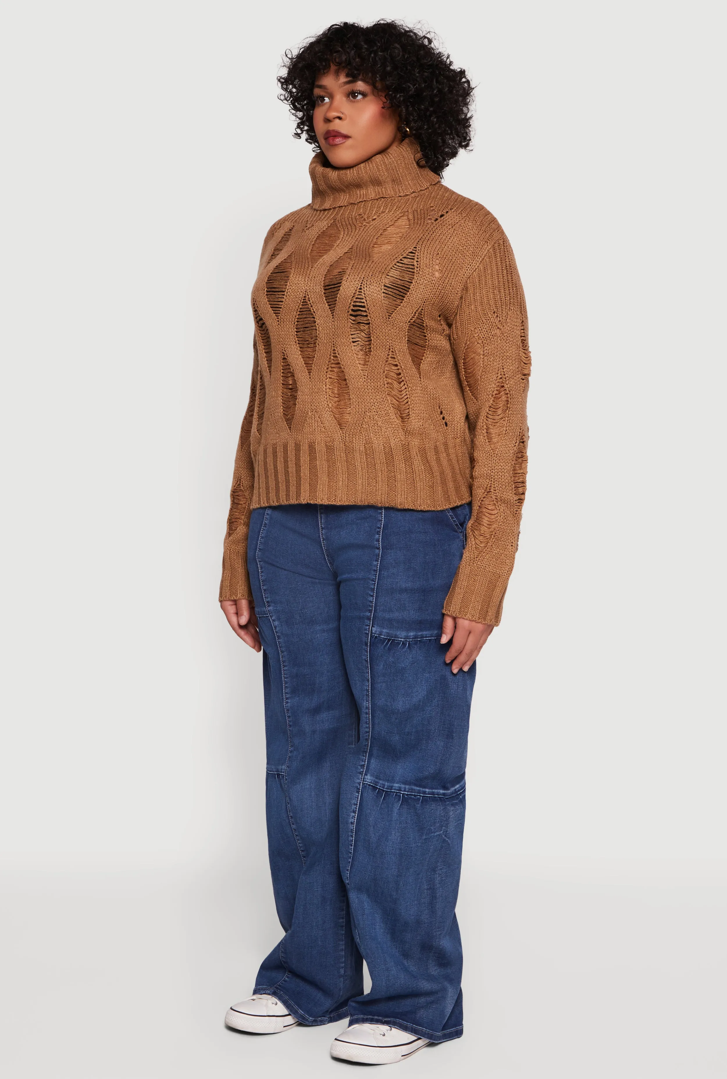 Plus Size Distressed Cable Knit Turtleneck Sweater sold by Rainbow product image thumbnail 5