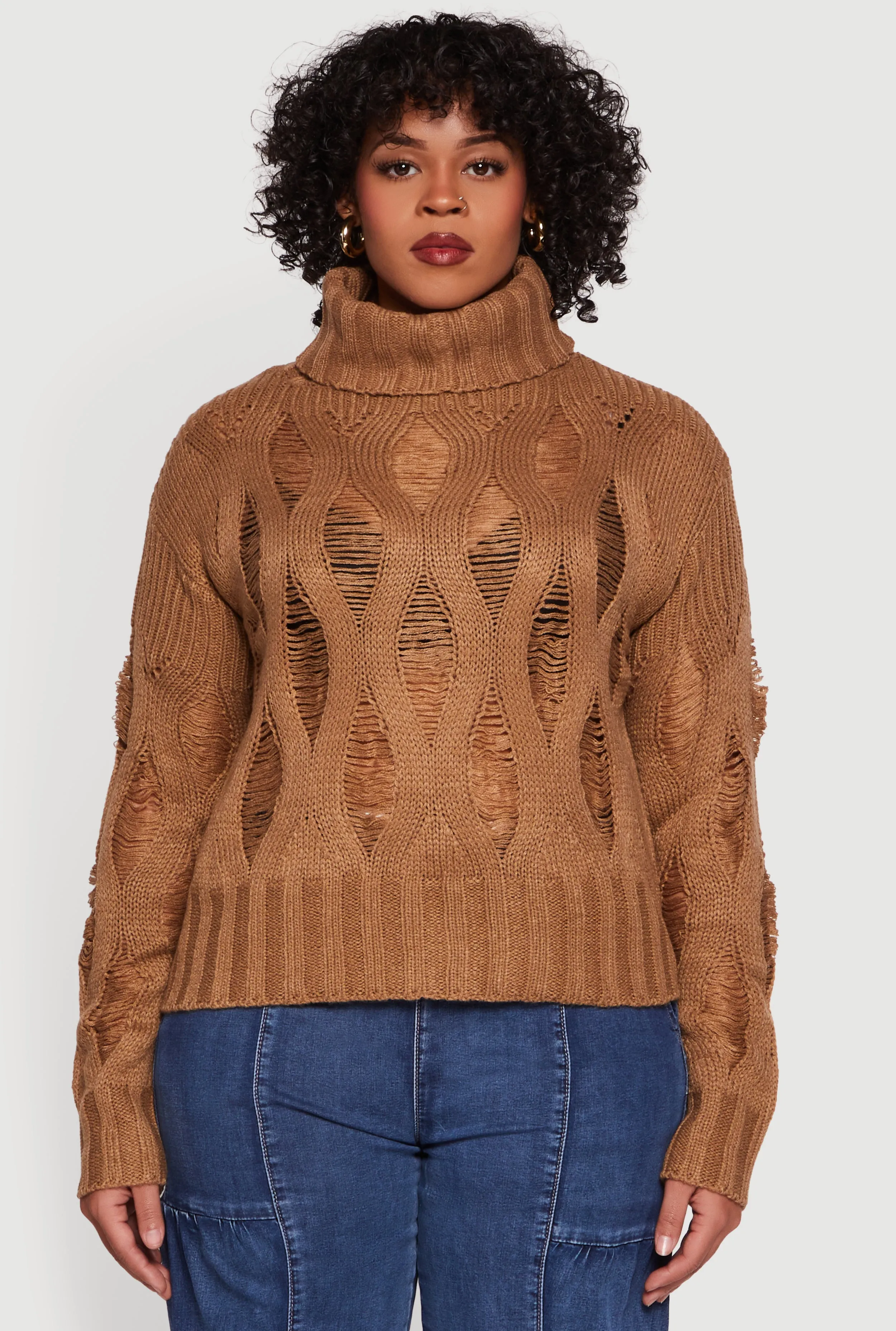 Plus Size Distressed Cable Knit Turtleneck Sweater sold by Rainbow product image thumbnail 2
