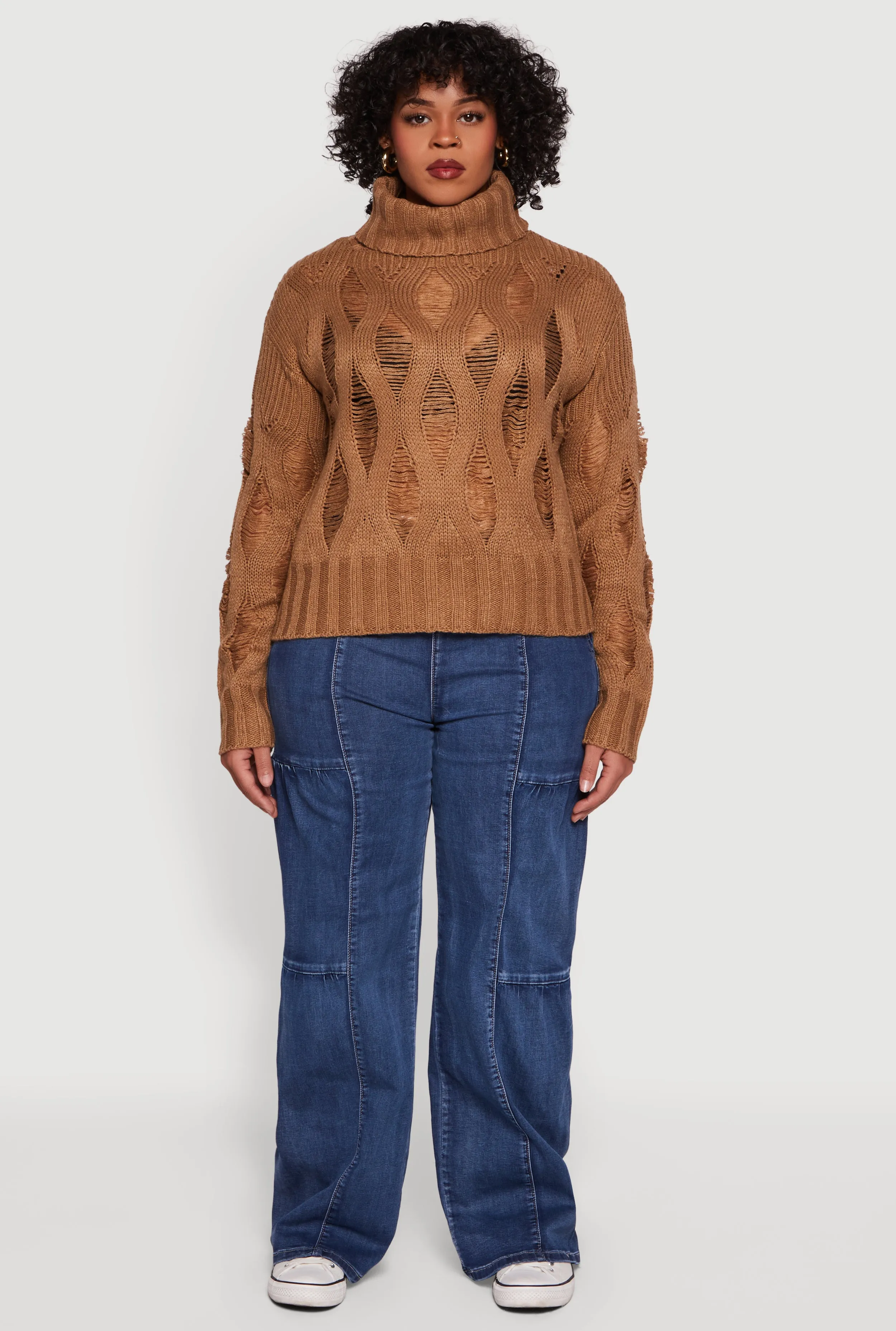 Plus Size Distressed Cable Knit Turtleneck Sweater sold by Rainbow product image thumbnail 3