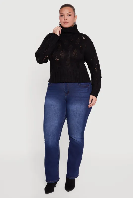 Plus Size Distressed Cable Knit Turtleneck Sweater sold by Rainbow