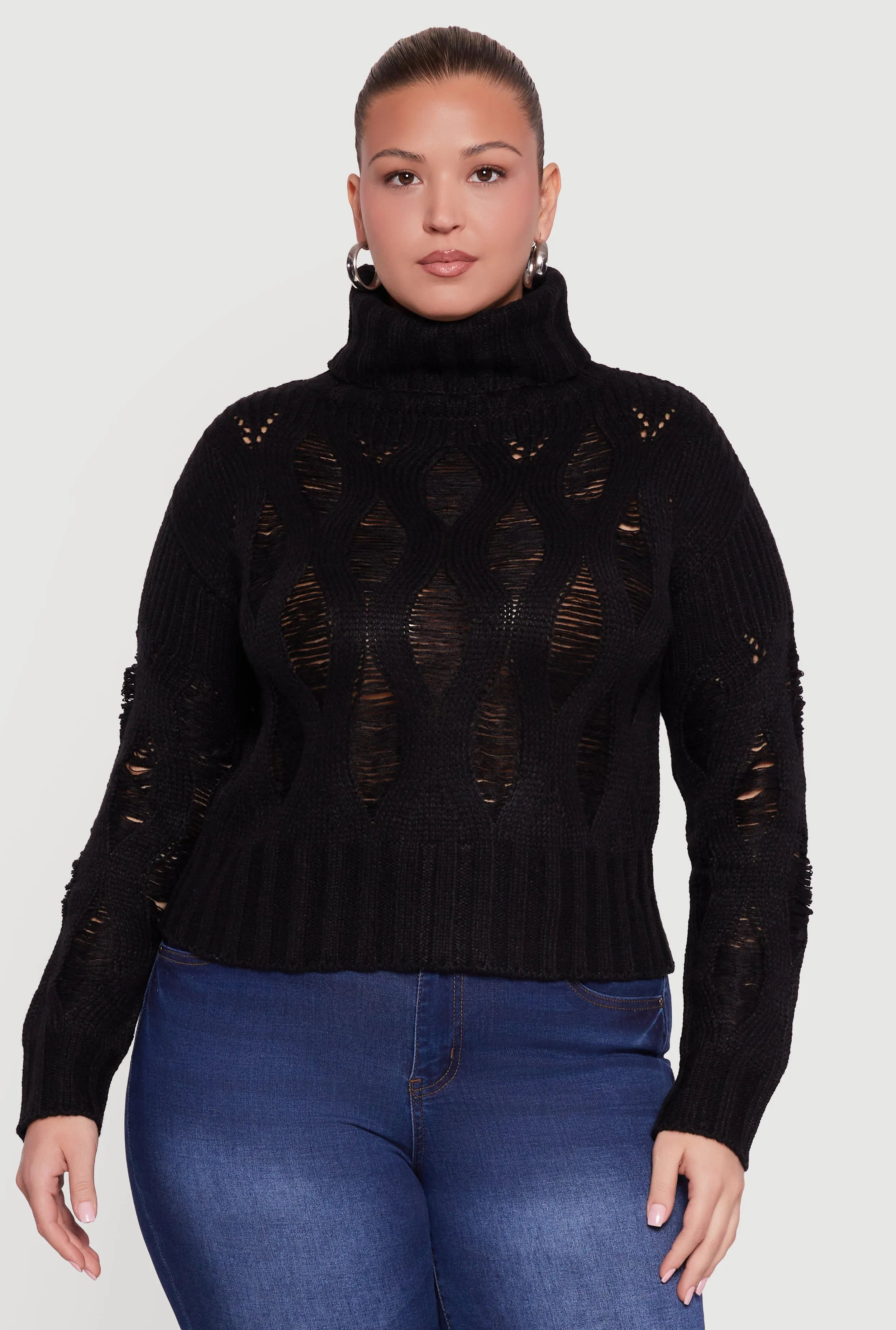 Plus Size Distressed Cable Knit Turtleneck Sweater sold by Rainbow product image thumbnail 2