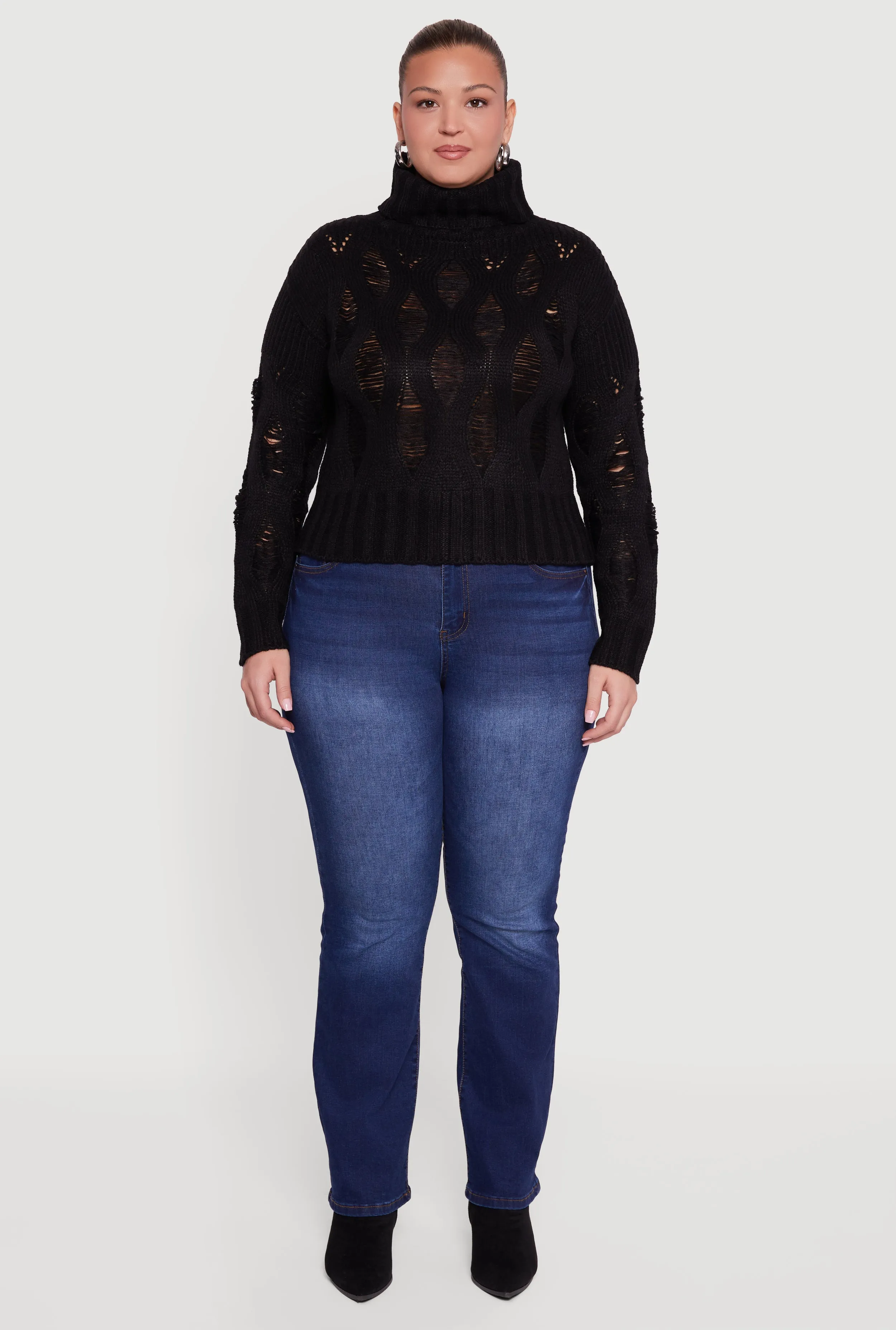 Plus Size Distressed Cable Knit Turtleneck Sweater sold by Rainbow product image thumbnail 3