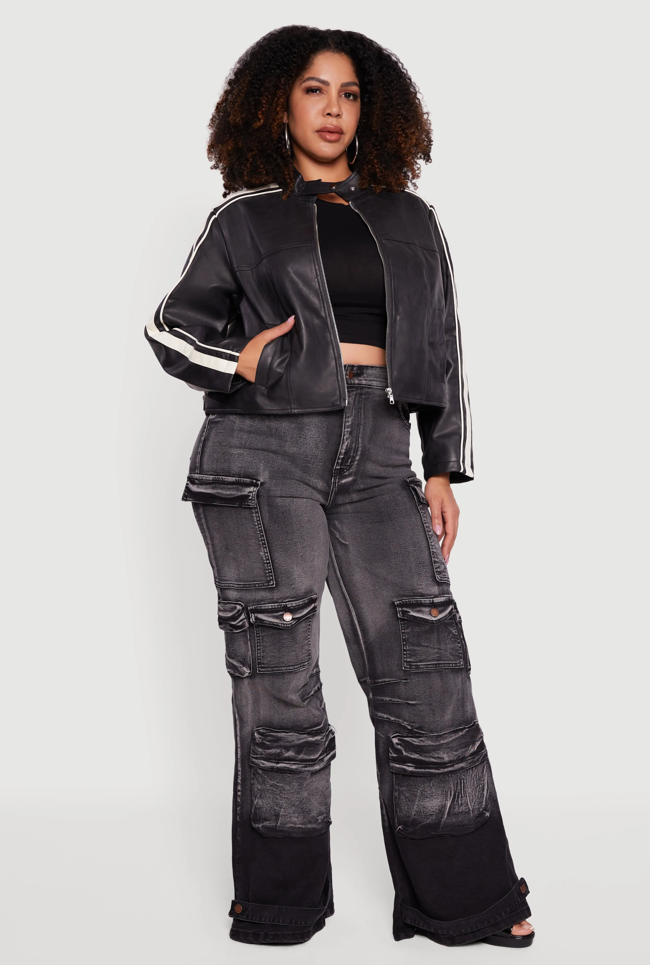 Plus Size Faux Leather Side Stripe Zip Front Moto Jacket sold by Rainbow