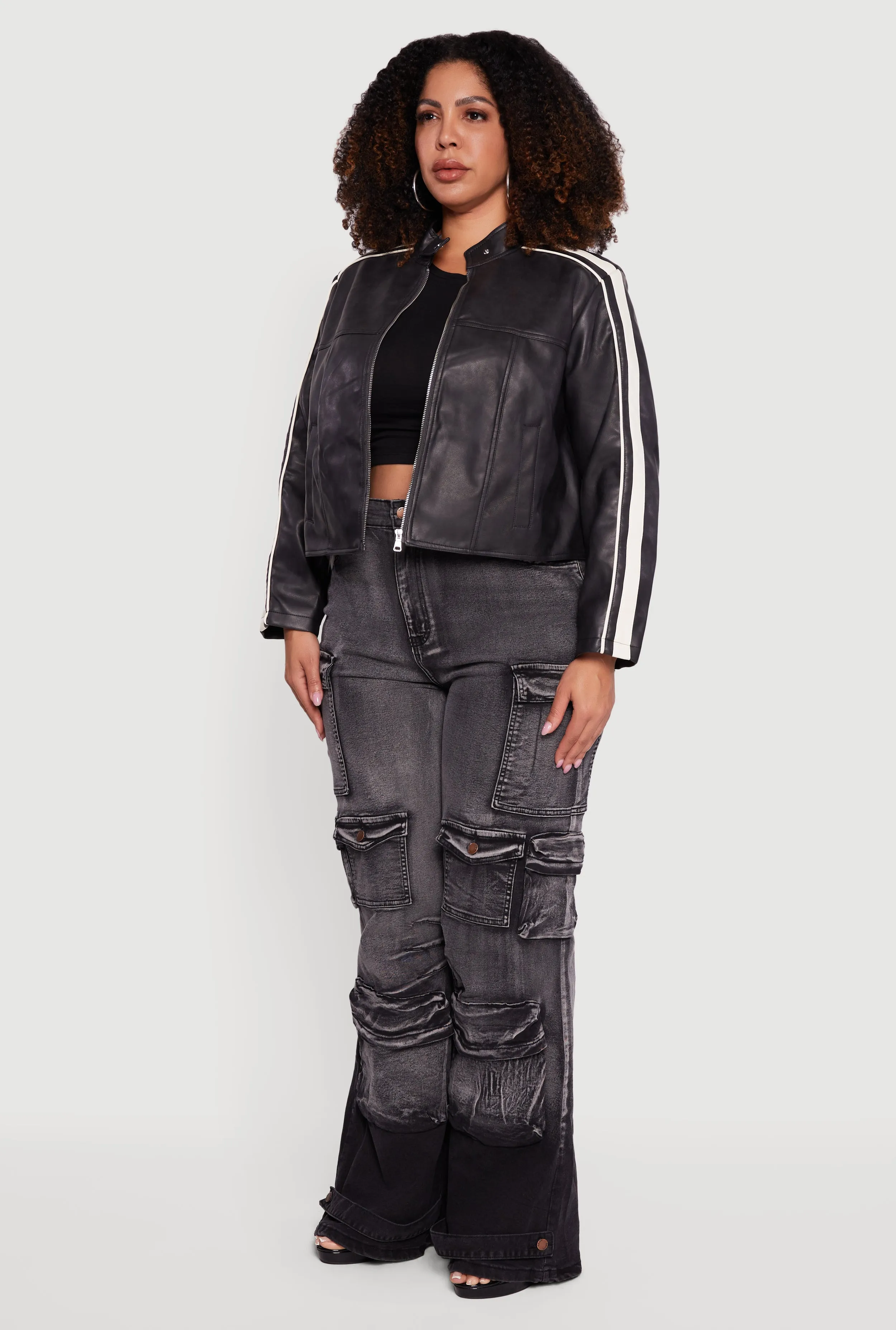 Plus Size Faux Leather Side Stripe Zip Front Moto Jacket sold by Rainbow product image thumbnail 5