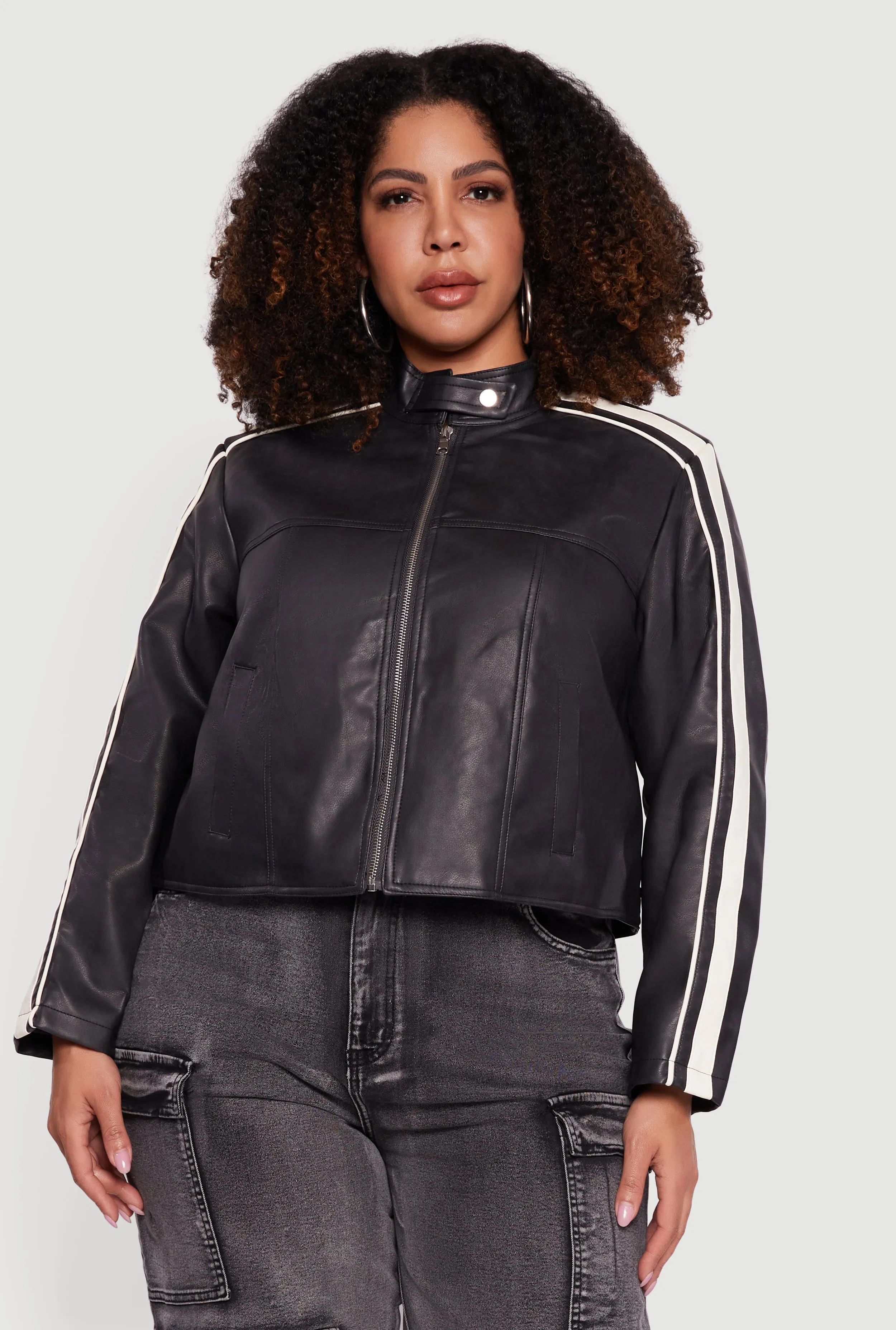 Plus Size Faux Leather Side Stripe Zip Front Moto Jacket sold by Rainbow product image thumbnail 2