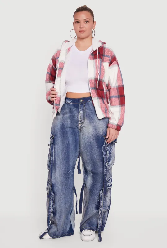 Plus Size Hooded Zip Front Plaid Sherpa Shacket sold by Rainbow