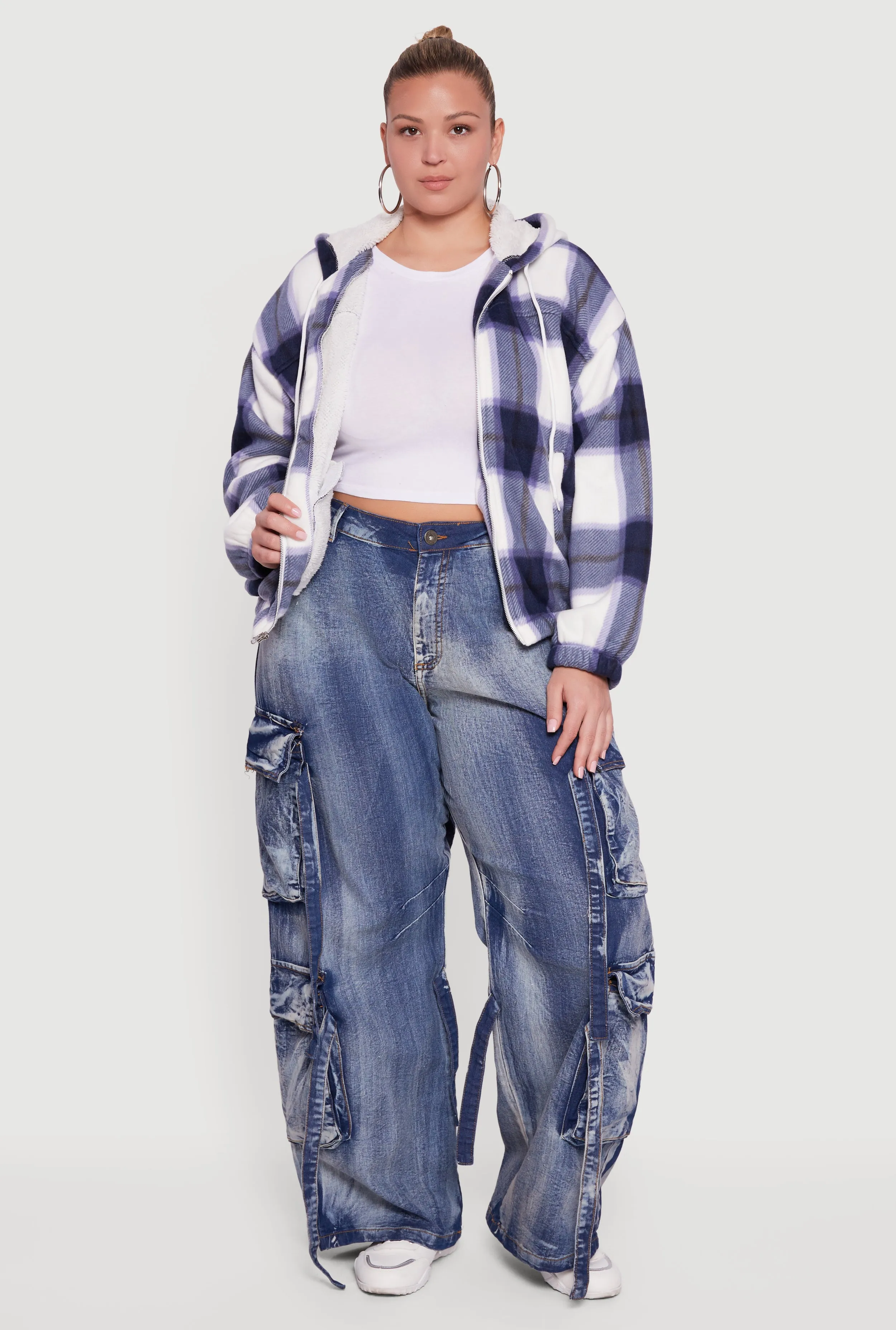 Plus Size Hooded Zip Front Plaid Sherpa Shacket sold by Rainbow