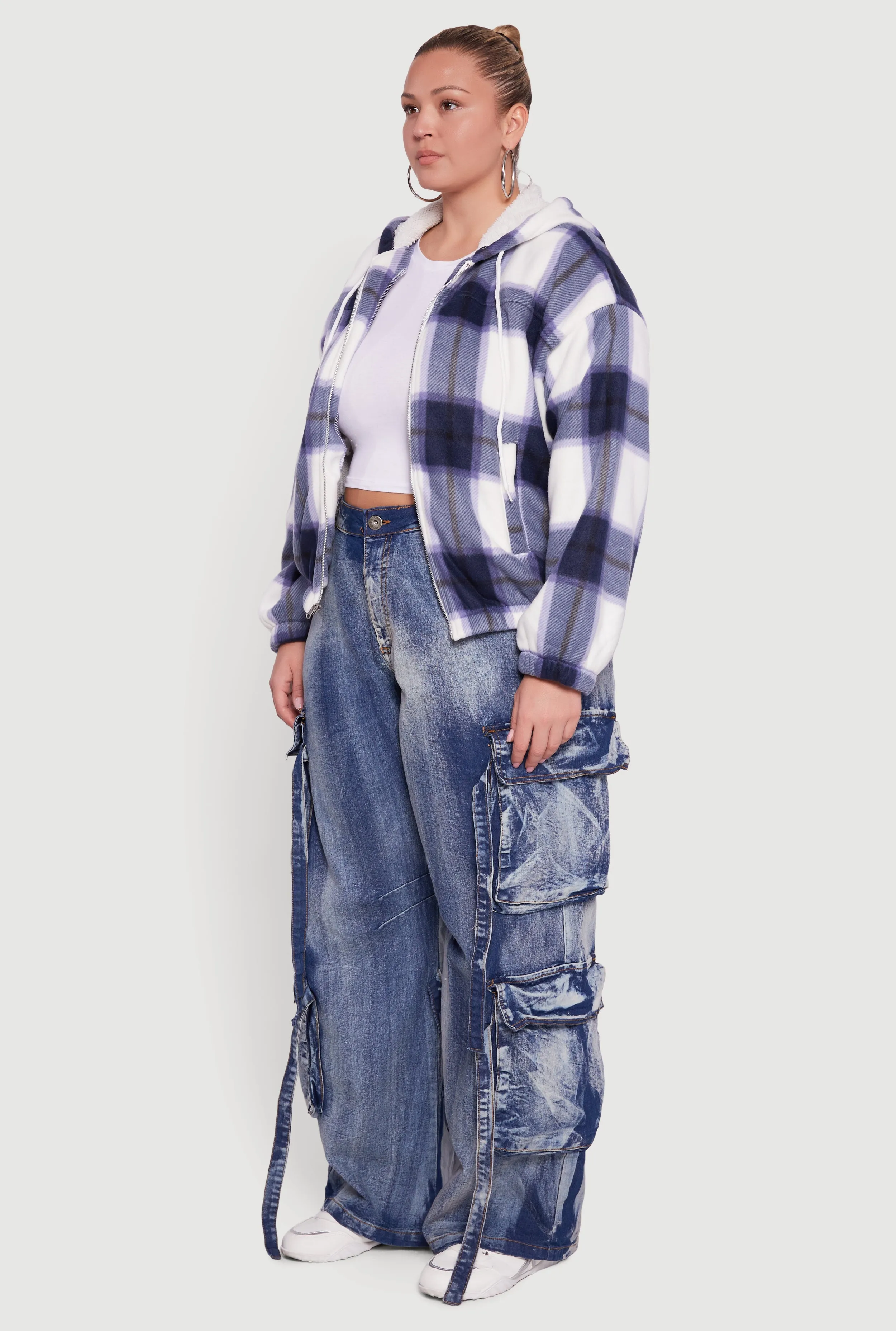 Plus Size Hooded Zip Front Plaid Sherpa Shacket sold by Rainbow product image thumbnail 5