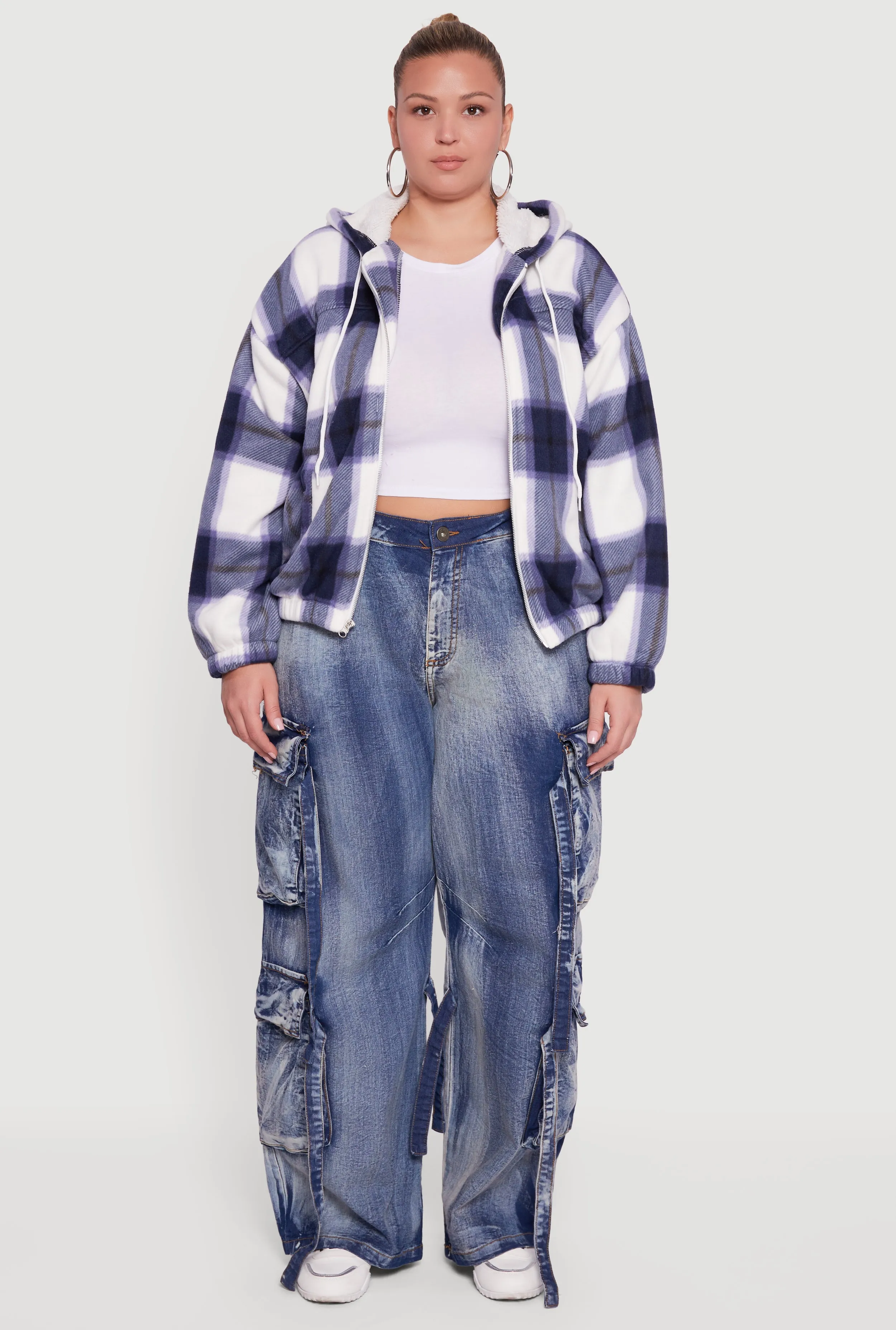 Plus Size Hooded Zip Front Plaid Sherpa Shacket sold by Rainbow product image thumbnail 3