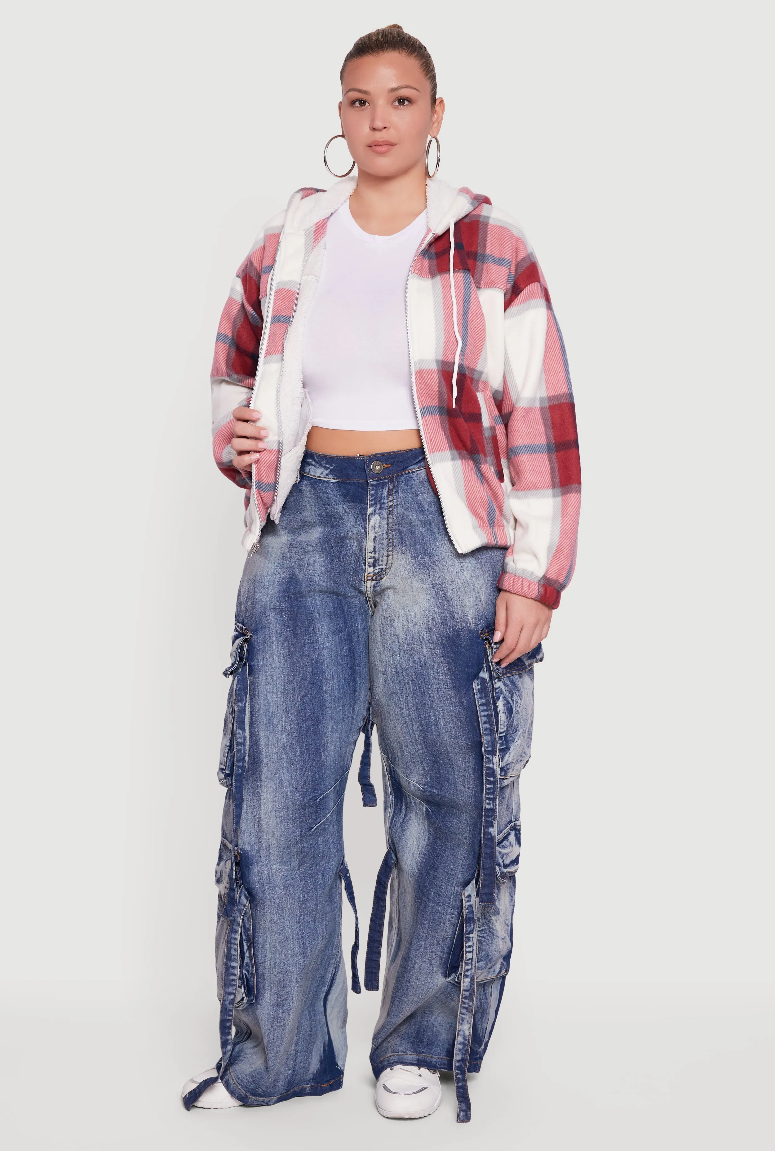 Plus Size Hooded Zip Front Plaid Sherpa Shacket sold by Rainbow