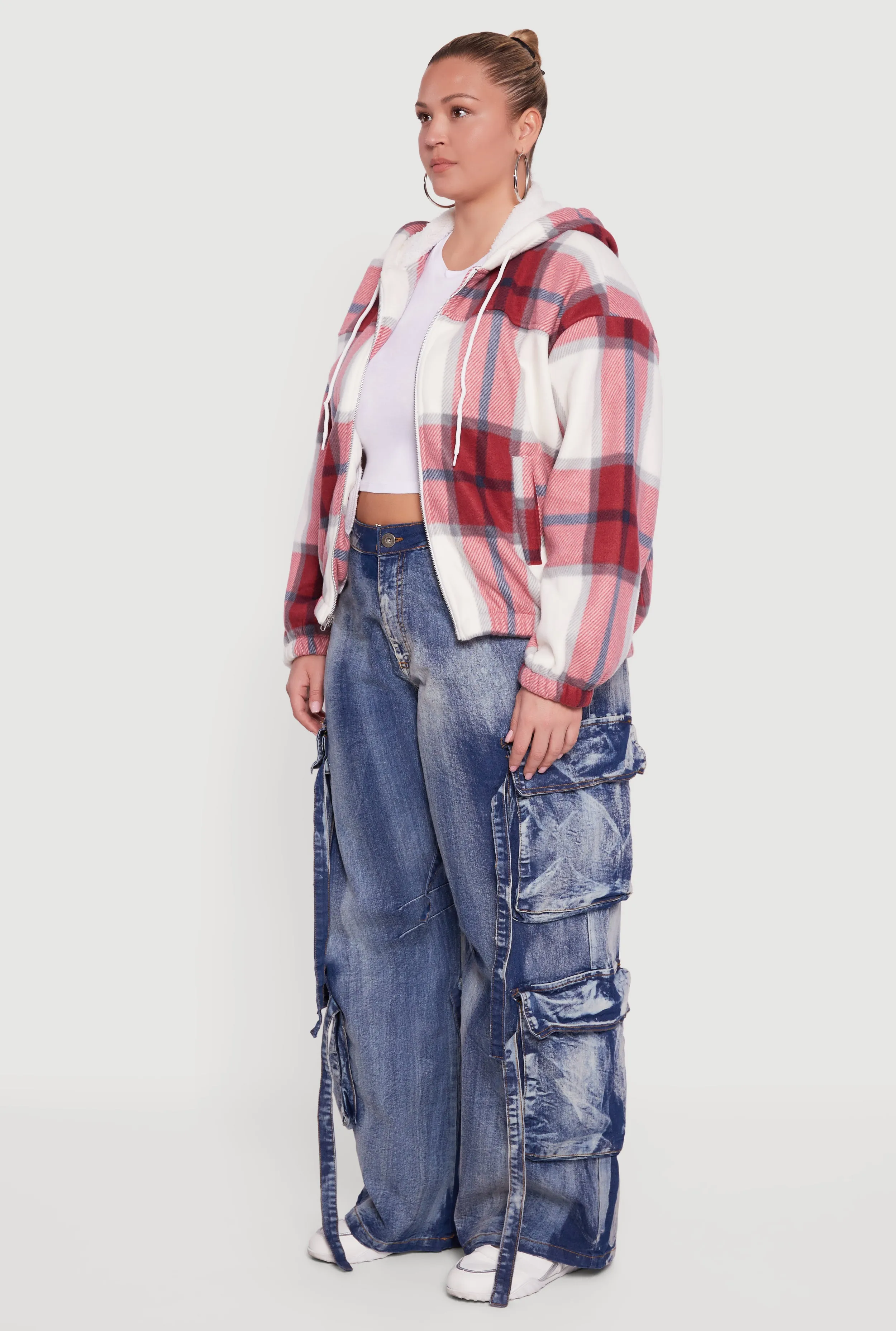 Plus Size Hooded Zip Front Plaid Sherpa Shacket sold by Rainbow product image thumbnail 5