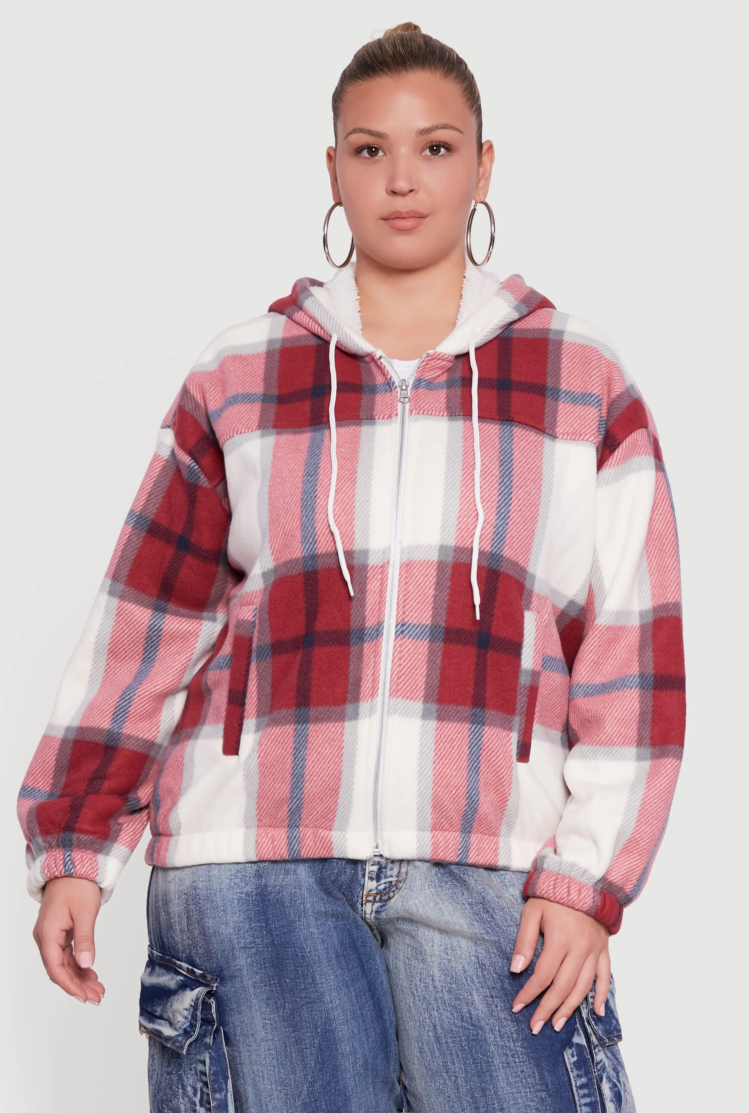 Plus Size Hooded Zip Front Plaid Sherpa Shacket sold by Rainbow product image thumbnail 2