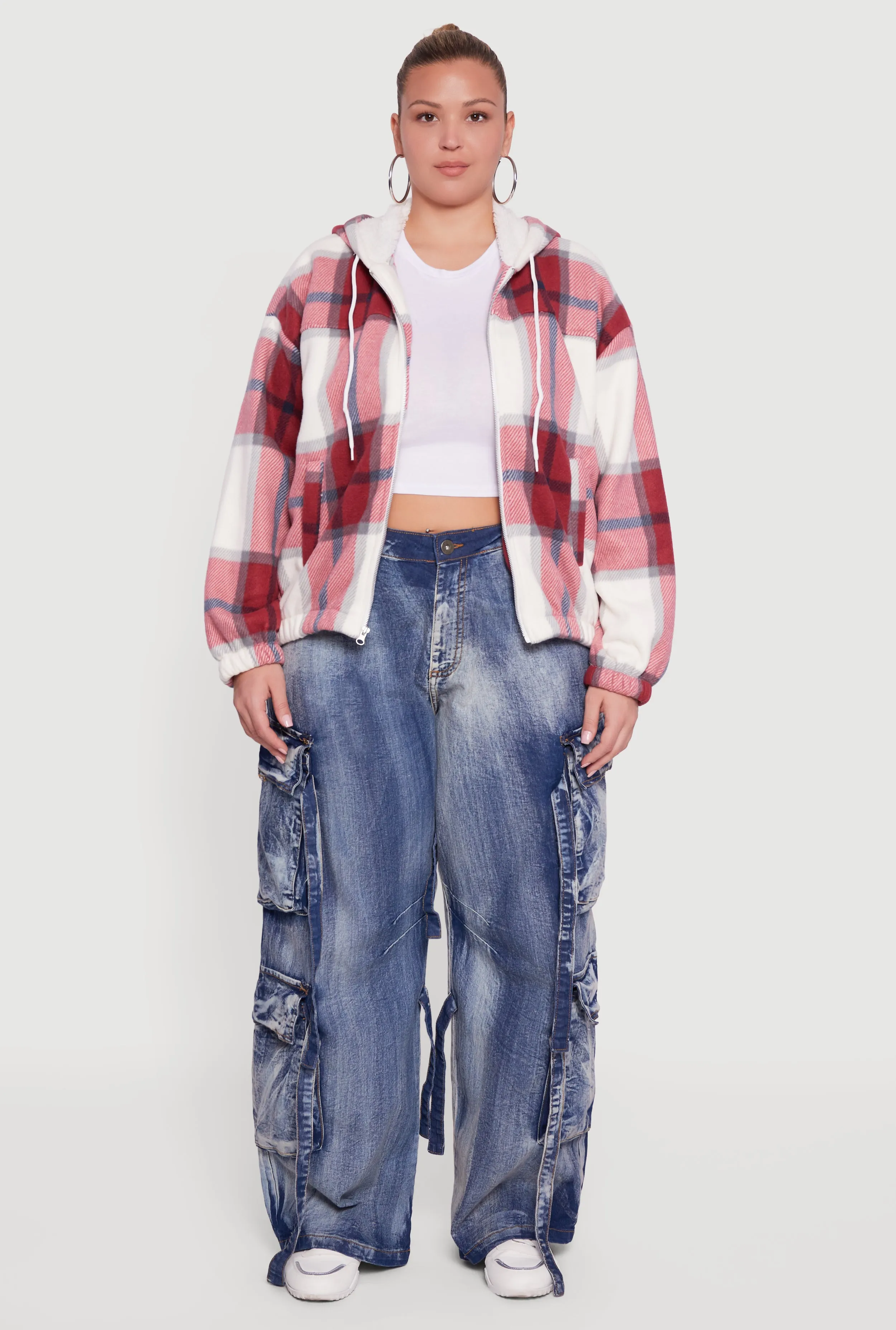 Plus Size Hooded Zip Front Plaid Sherpa Shacket sold by Rainbow product image thumbnail 3