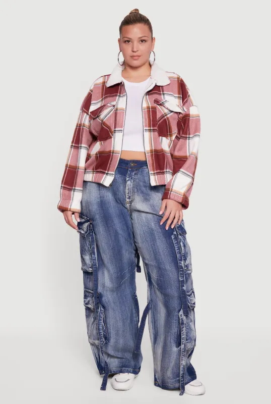 Plus Size Faux Fur Collared Plaid Zip Front Shacket sold by Rainbow