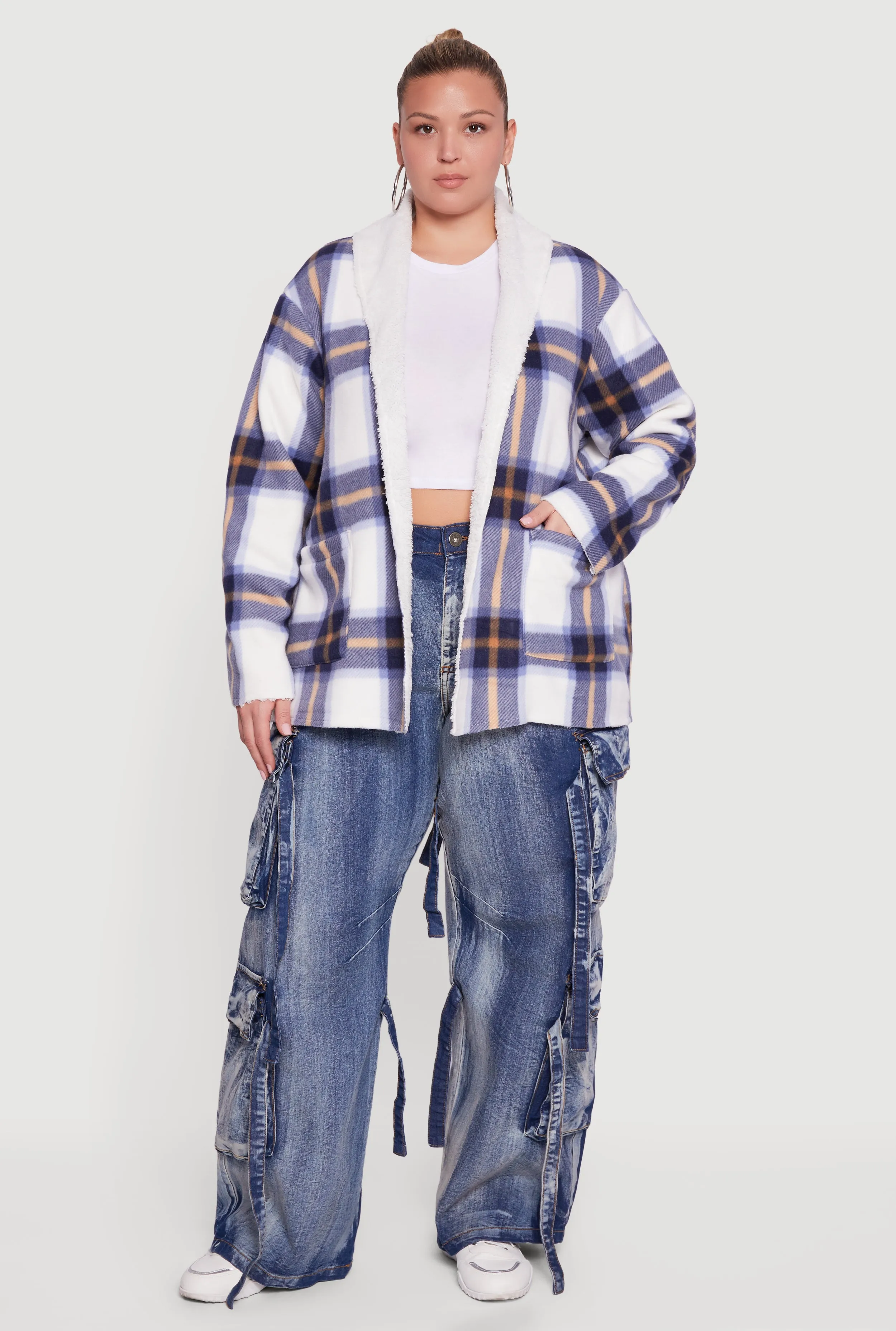 Plus Size Shawl Collar Plaid Sherpa Shacket sold by Rainbow