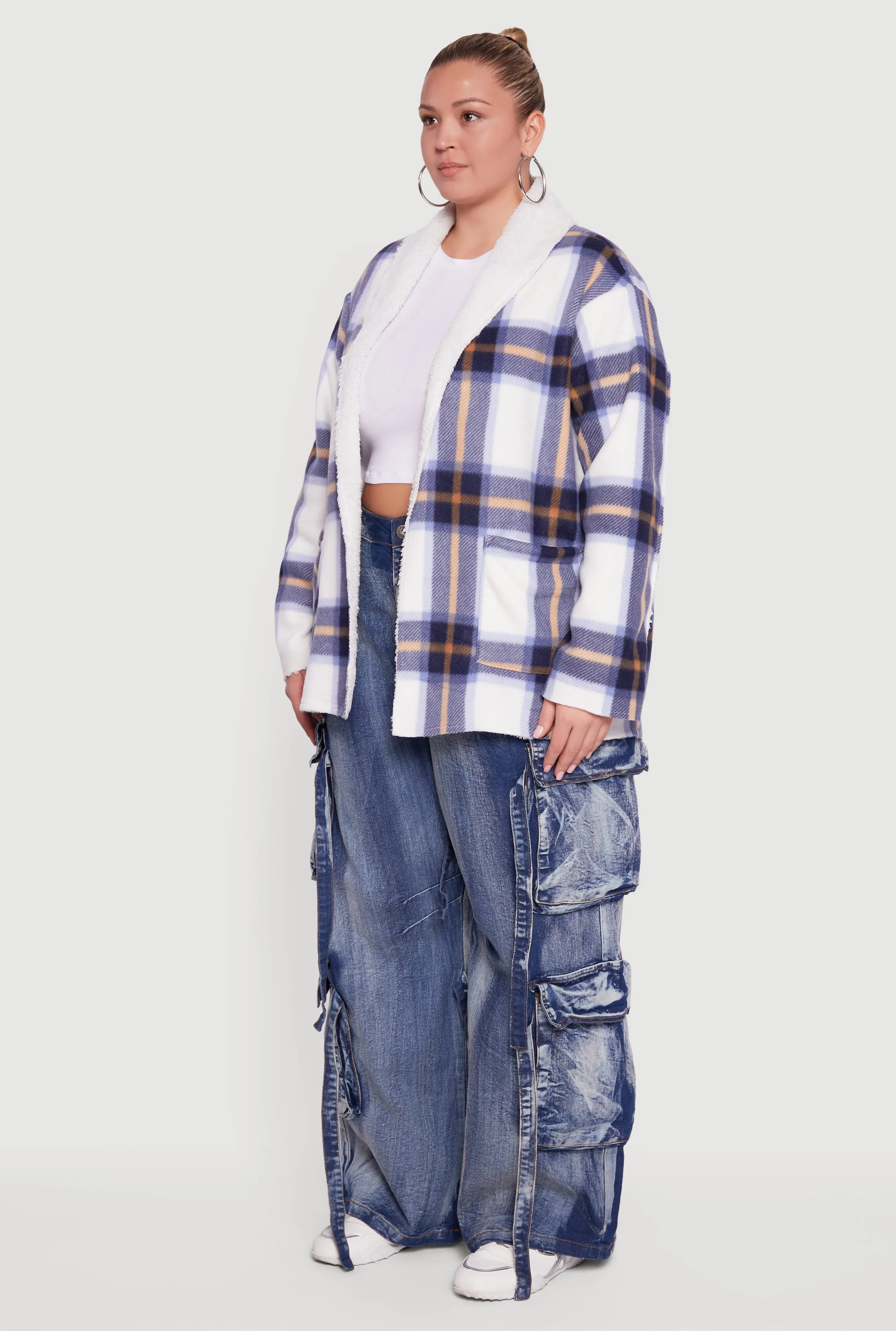 Plus Size Shawl Collar Plaid Sherpa Shacket sold by Rainbow product image thumbnail 5
