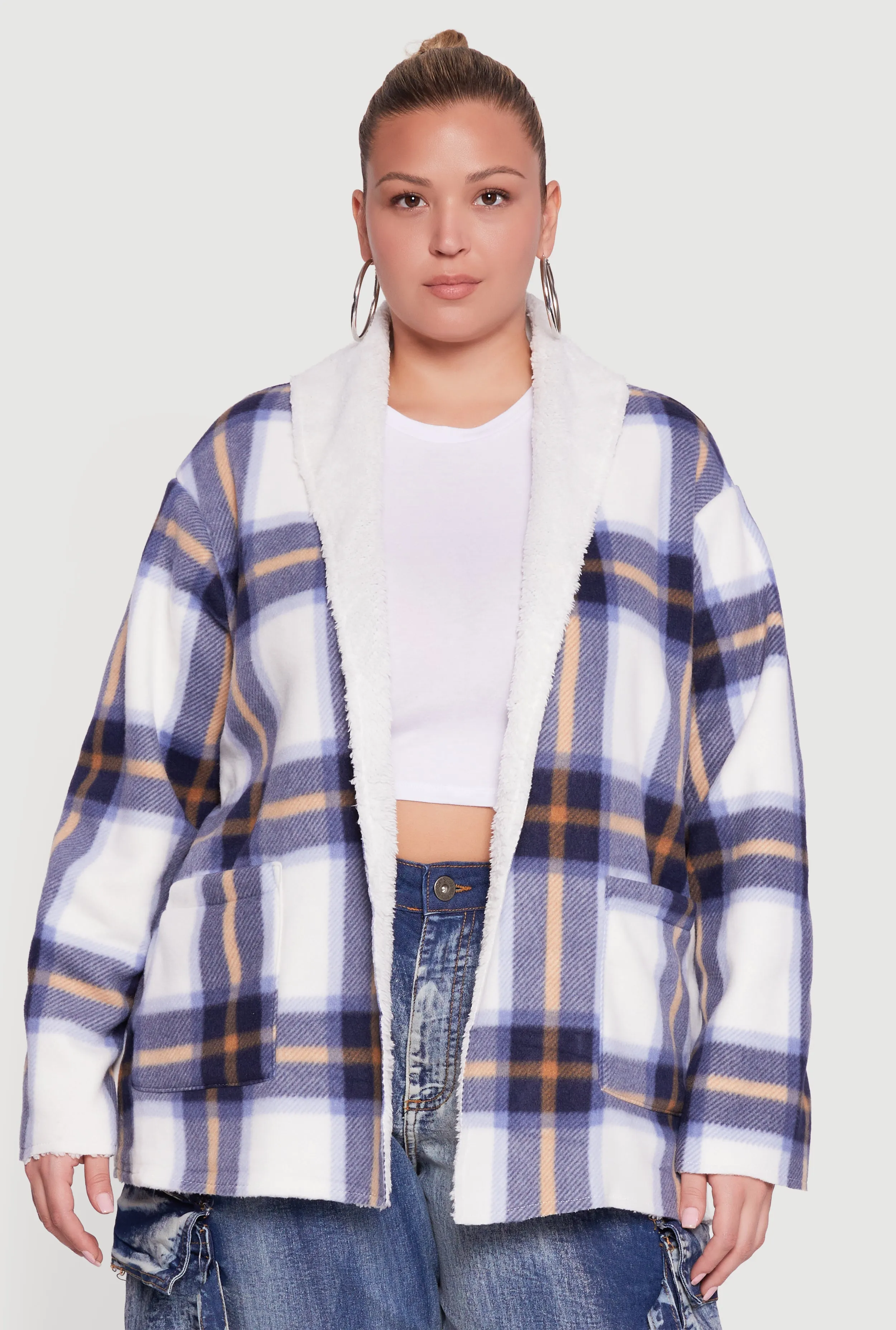 Plus Size Shawl Collar Plaid Sherpa Shacket sold by Rainbow product image thumbnail 2