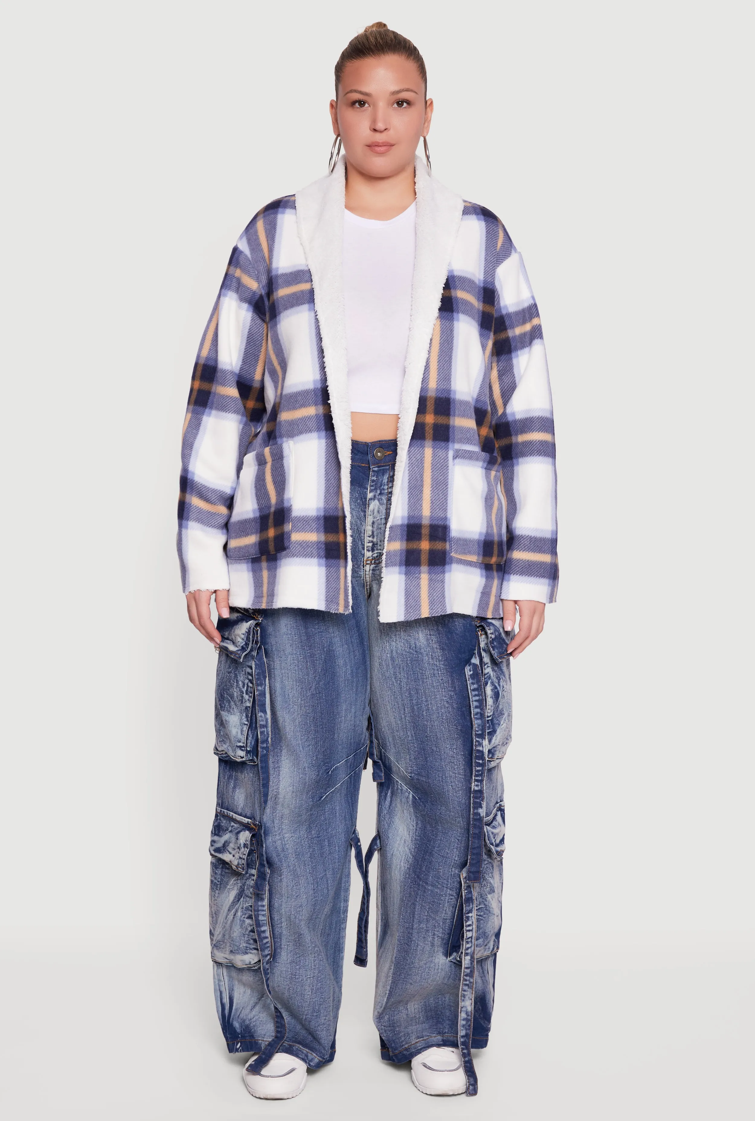 Plus Size Shawl Collar Plaid Sherpa Shacket sold by Rainbow product image thumbnail 3