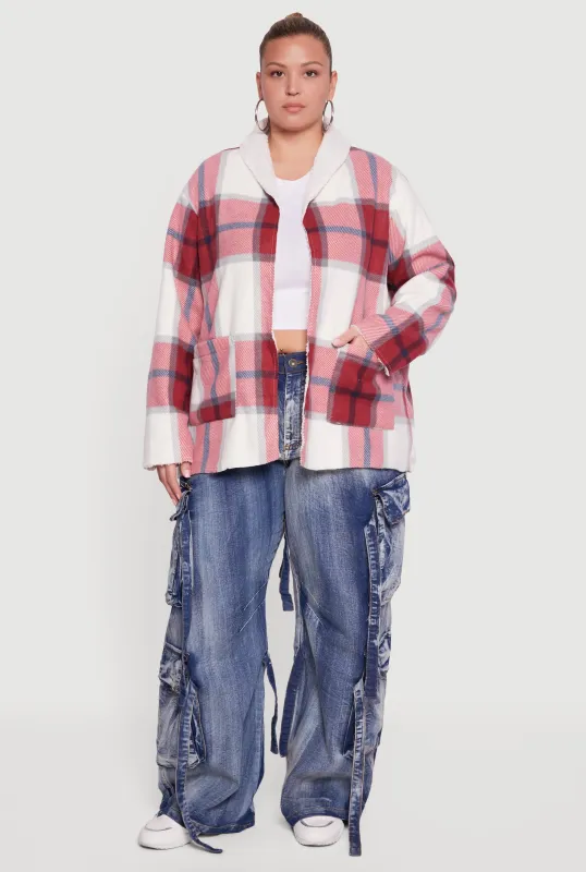 Plus Size Shawl Collar Plaid Sherpa Shacket sold by Rainbow