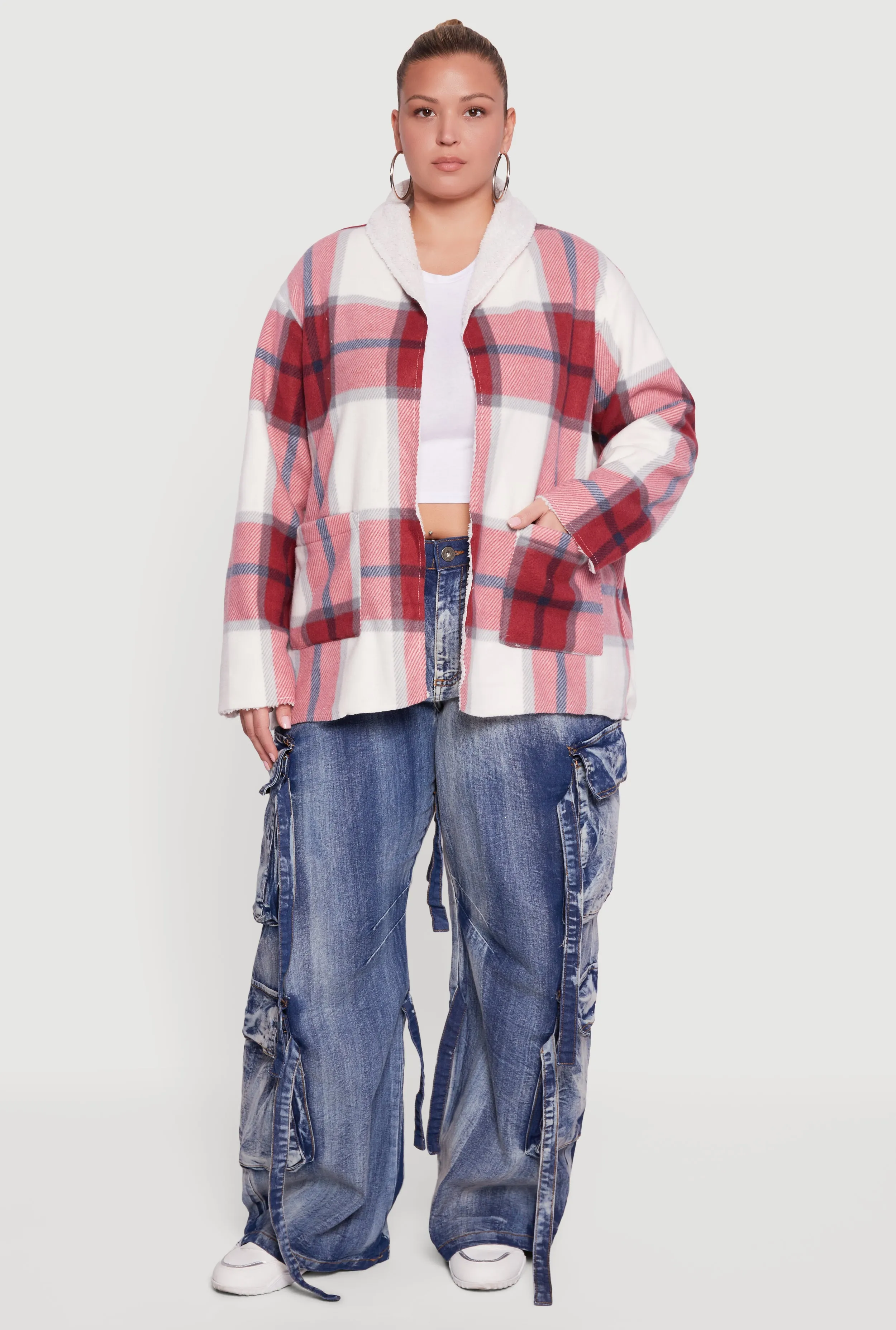 Plus Size Shawl Collar Plaid Sherpa Shacket sold by Rainbow