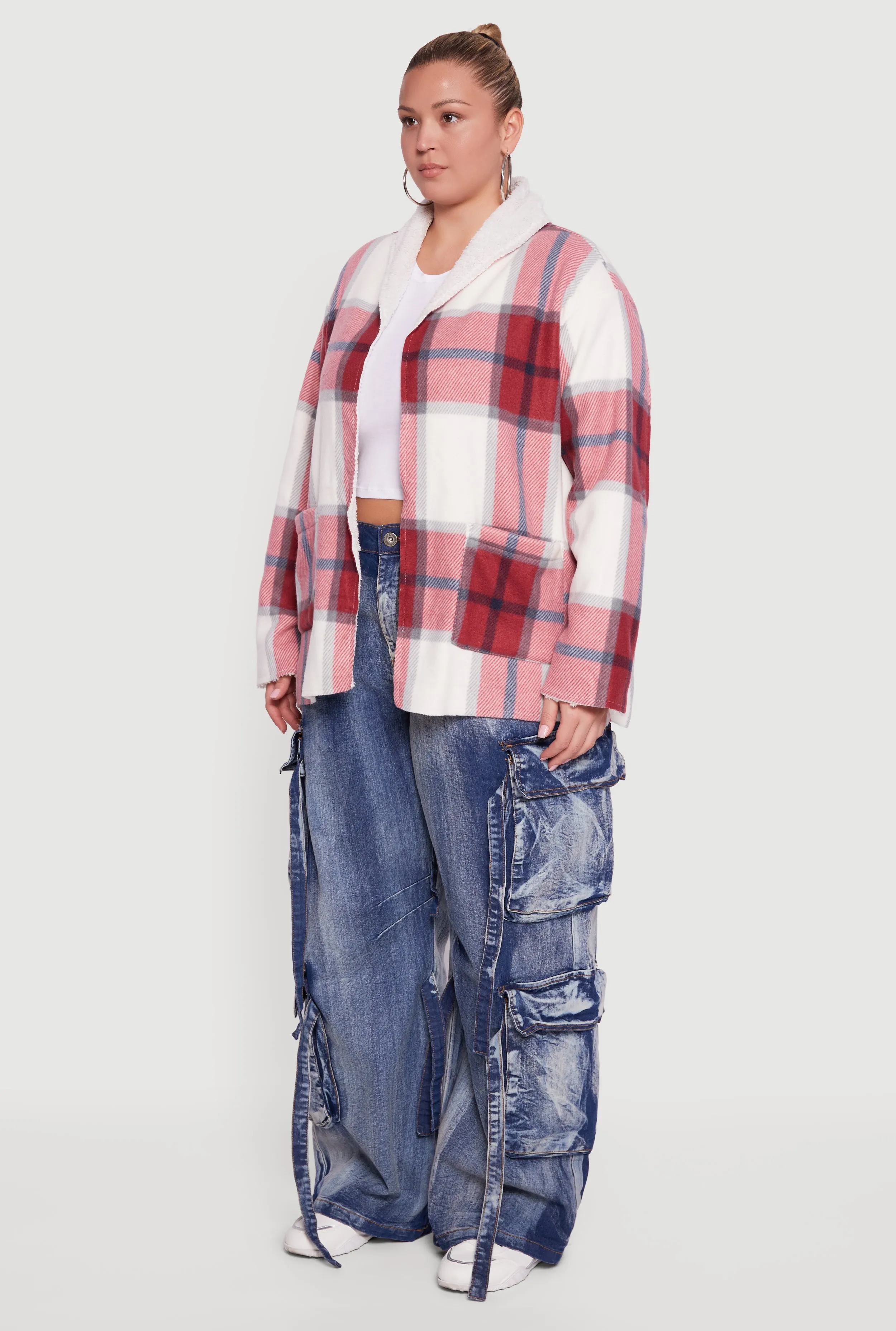 Plus Size Shawl Collar Plaid Sherpa Shacket sold by Rainbow product image thumbnail 5