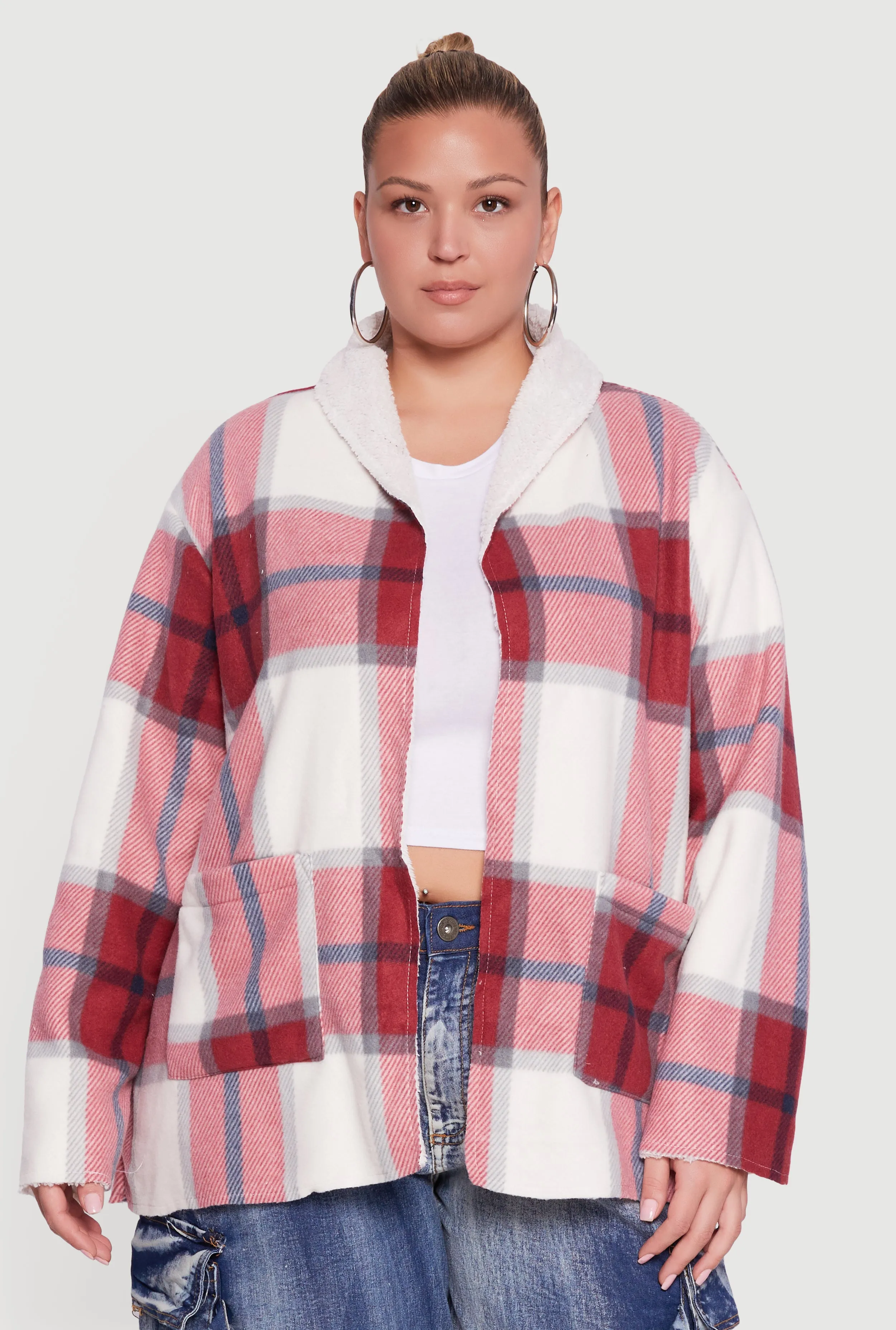 Plus Size Shawl Collar Plaid Sherpa Shacket sold by Rainbow product image thumbnail 2