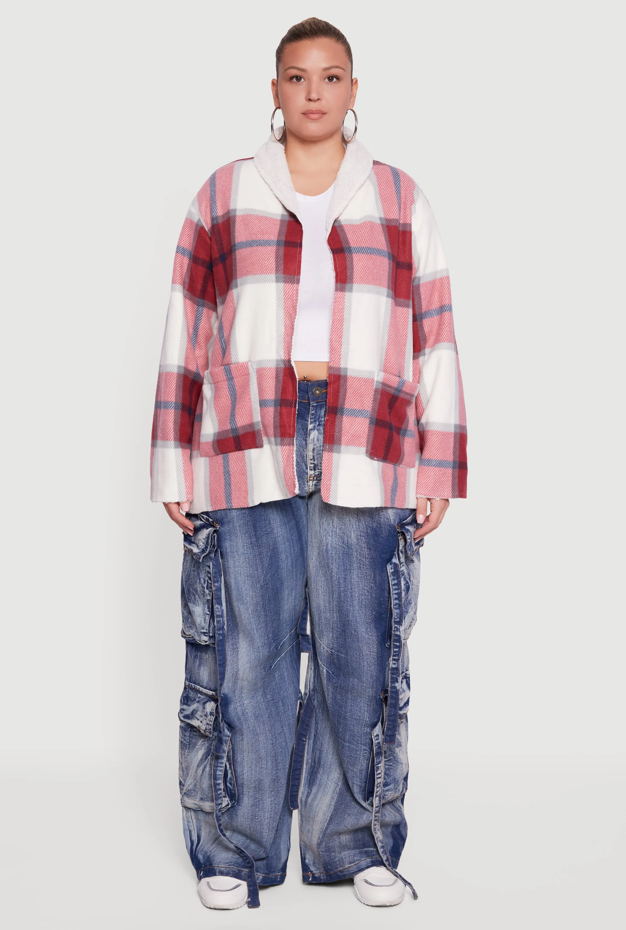 Plus Size Shawl Collar Plaid Sherpa Shacket sold by Rainbow product image thumbnail 3