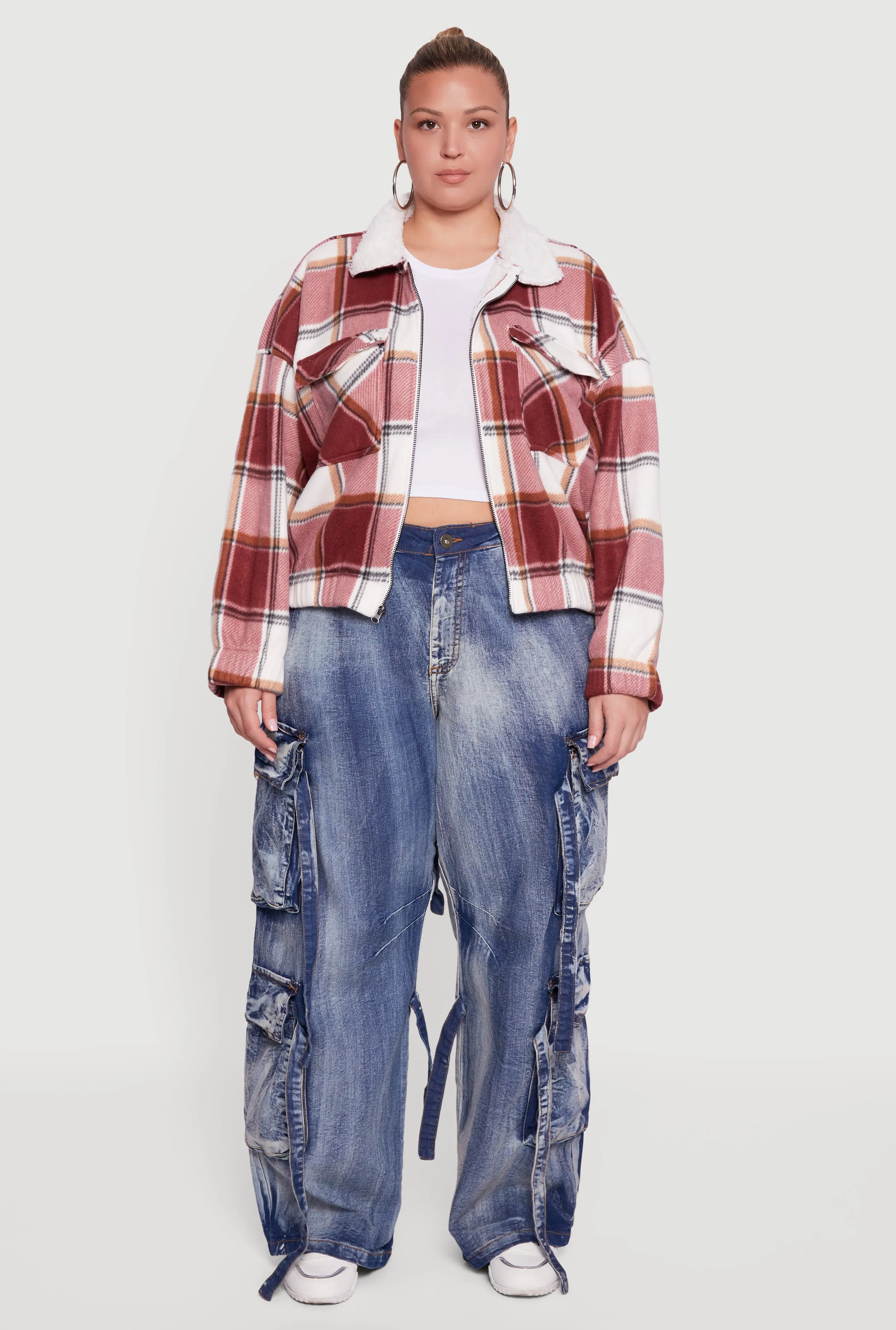 Plus Size Faux Fur Collared Plaid Zip Front Shacket sold by Rainbow product image thumbnail 3