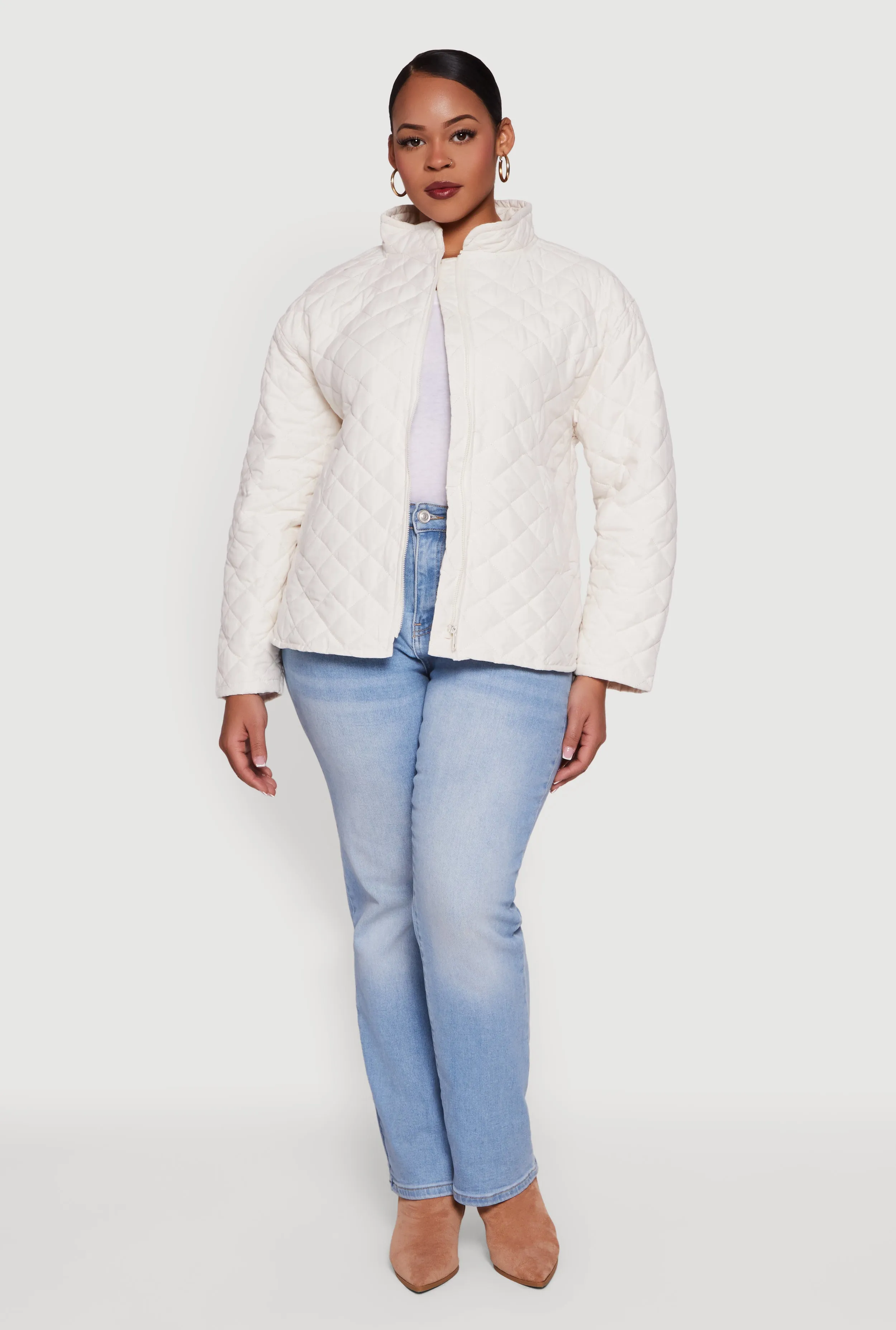 Plus Size Long Sleeve Zip Front Quilted Puffer Jacket sold by Rainbow