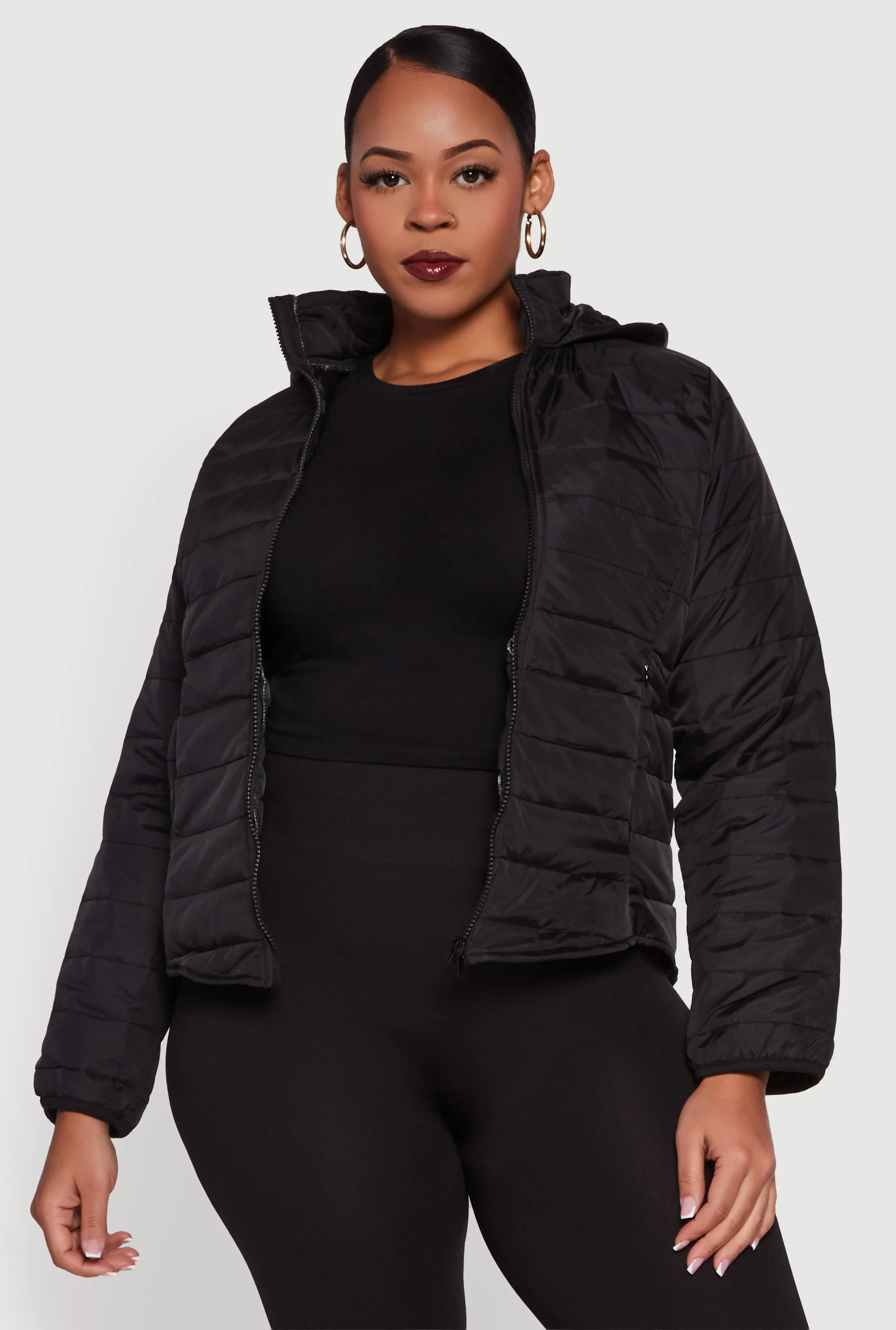 Plus Size Hooded Mock Neck Zip Front Puffer Jacket sold by Rainbow product image thumbnail 2