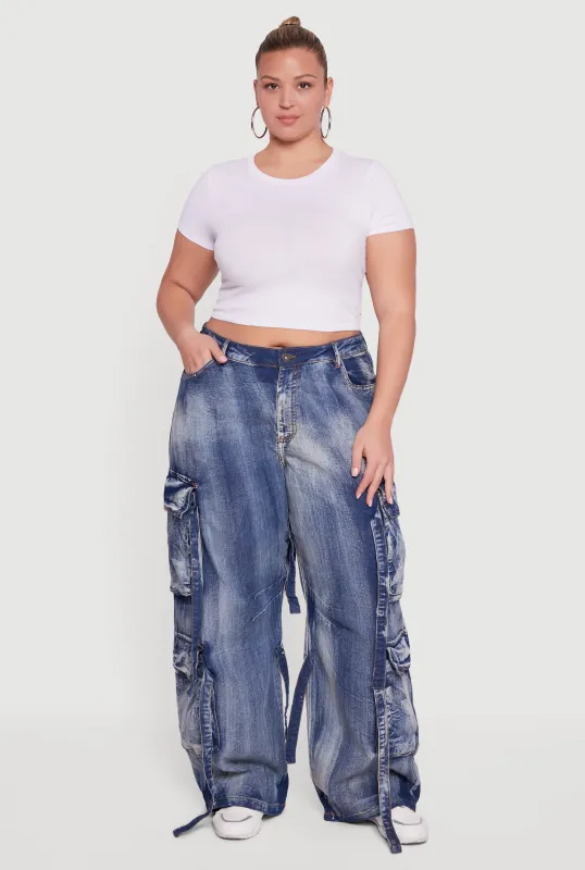 Plus Size Acid Wash Wide Leg Strap Cargo Jeans sold by Rainbow