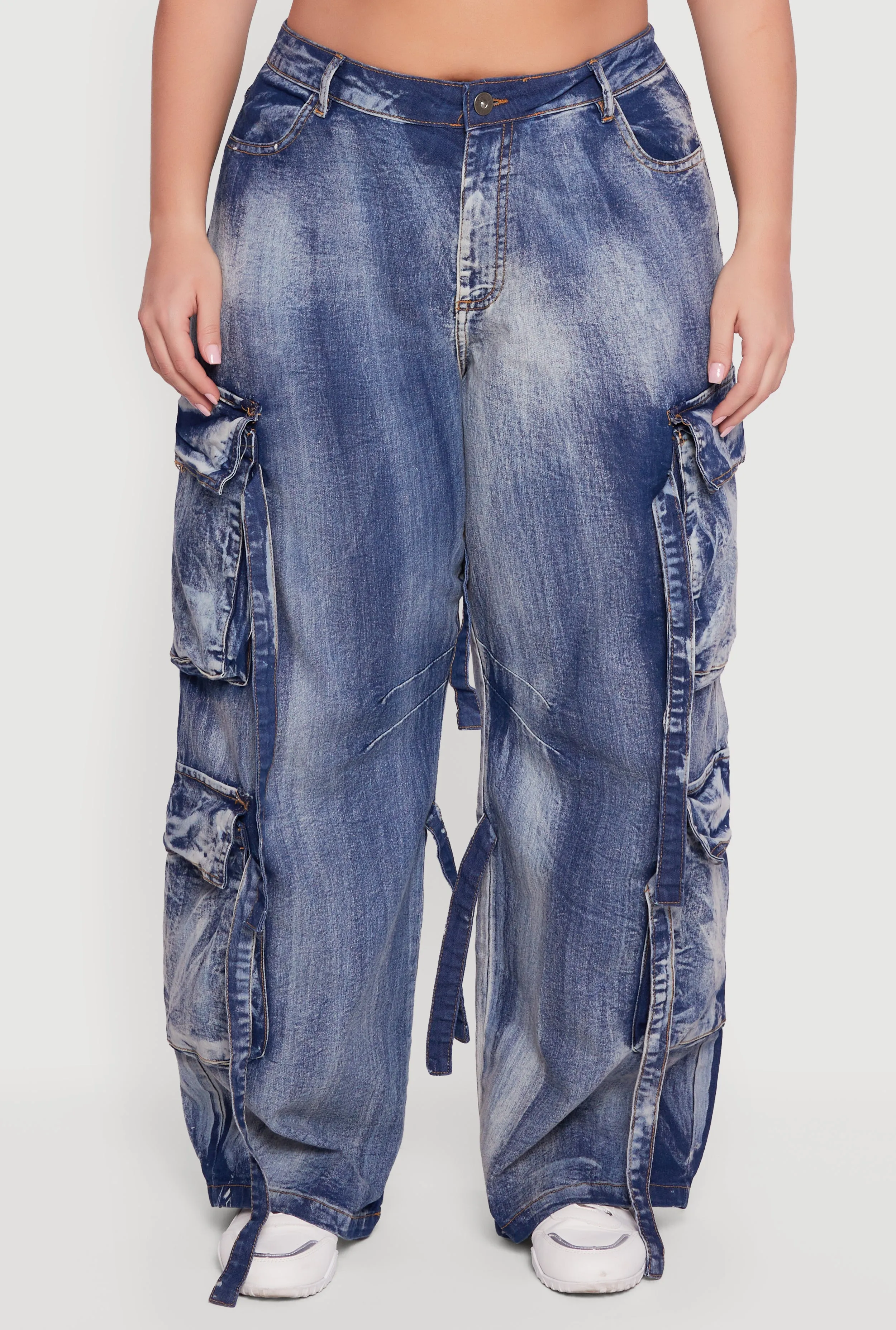 Plus Size Acid Wash Wide Leg Strap Cargo Jeans sold by Rainbow product image thumbnail 5