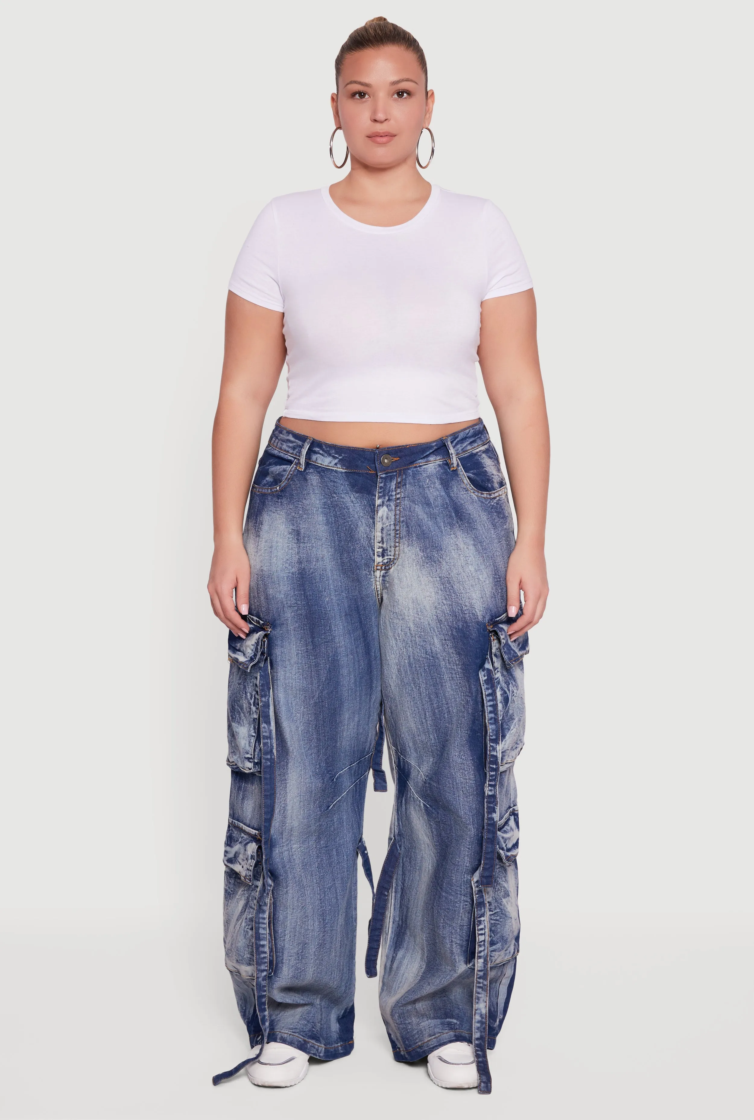 Plus Size Acid Wash Wide Leg Strap Cargo Jeans sold by Rainbow product image thumbnail 2