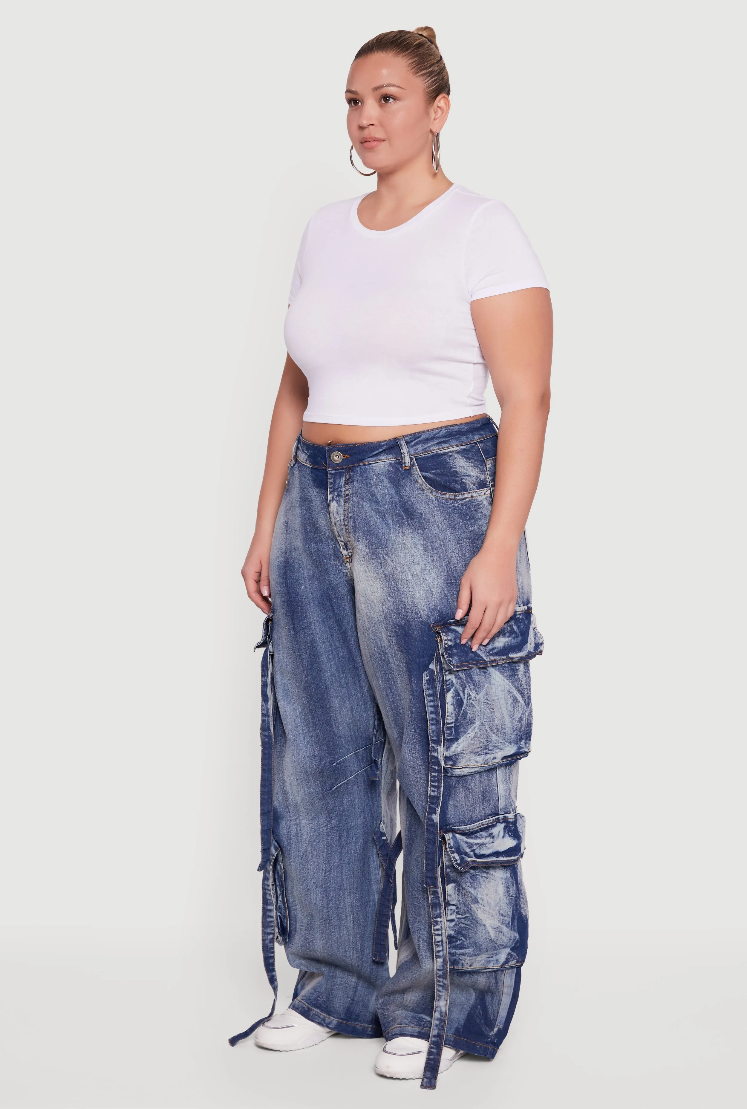 Plus Size Acid Wash Wide Leg Strap Cargo Jeans sold by Rainbow product image thumbnail 3