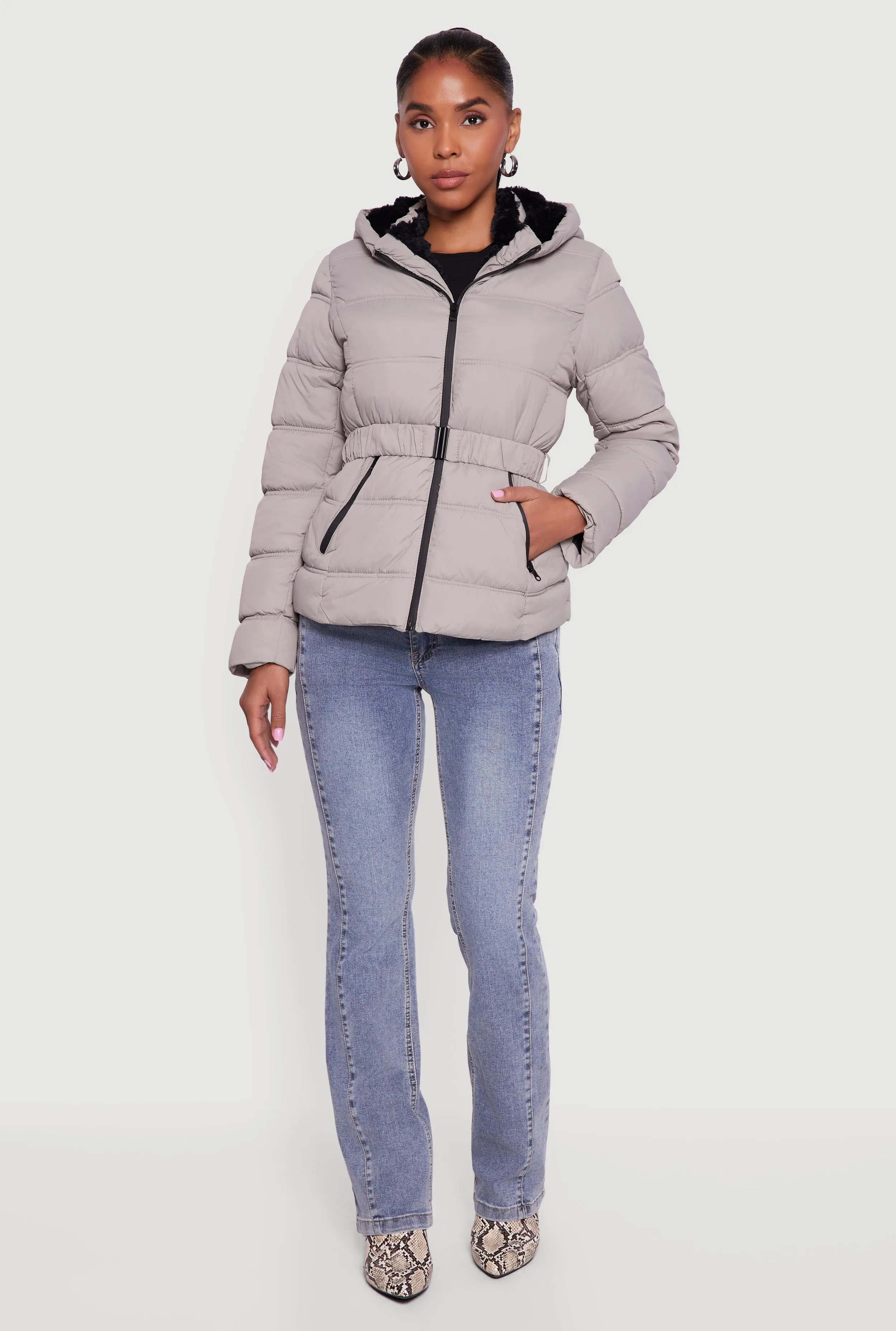 Faux Fur Lined Hooded Puffer Jacket with Belt sold by Rainbow product image thumbnail 3