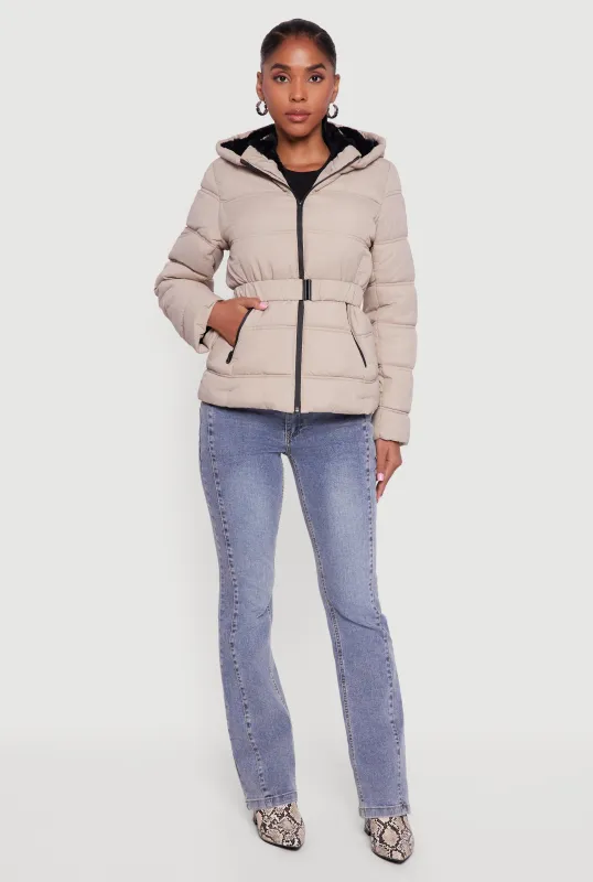 Faux Fur Lined Hooded Puffer Jacket with Belt sold by Rainbow