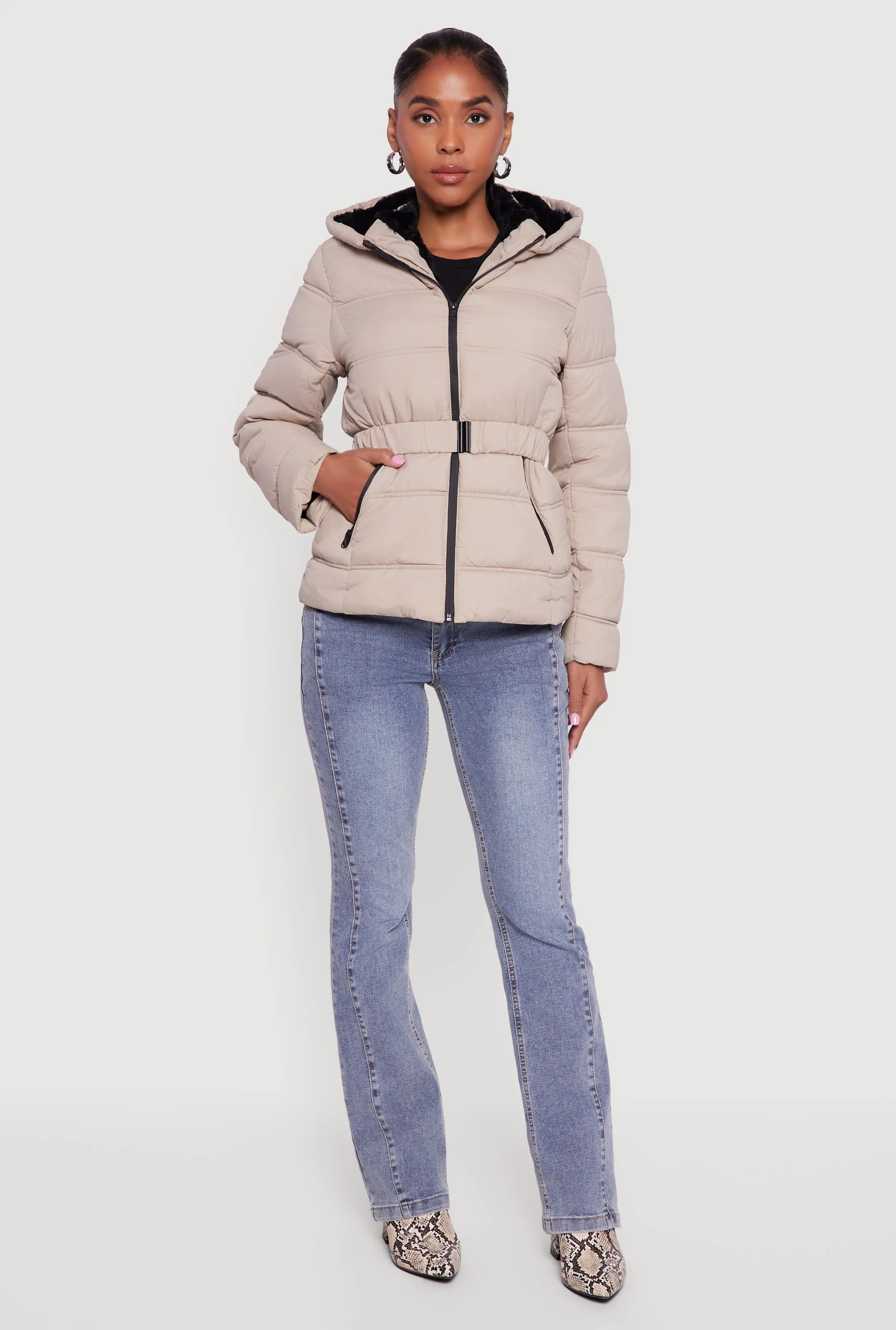 Faux Fur Lined Hooded Puffer Jacket with Belt sold by Rainbow