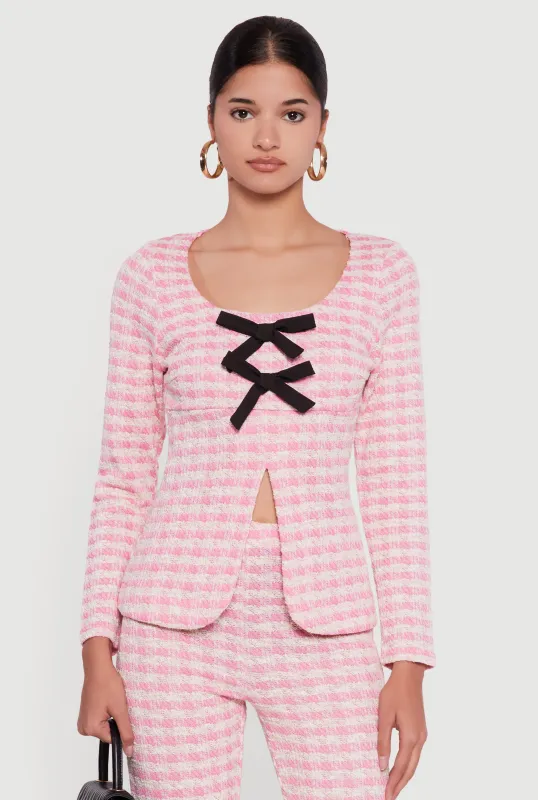 Plaid Tweed Long Sleeve Top with Bows sold by Rainbow