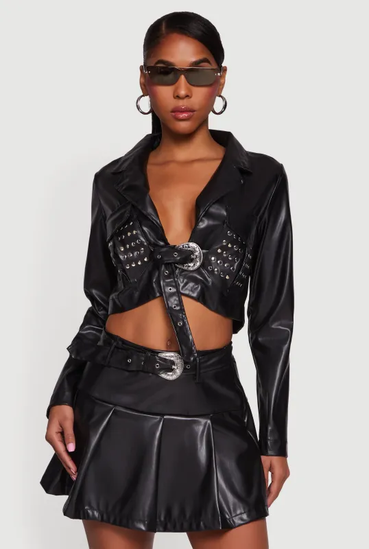 Cropped Faux Leather Belted Front Studded Jacket sold by Rainbow
