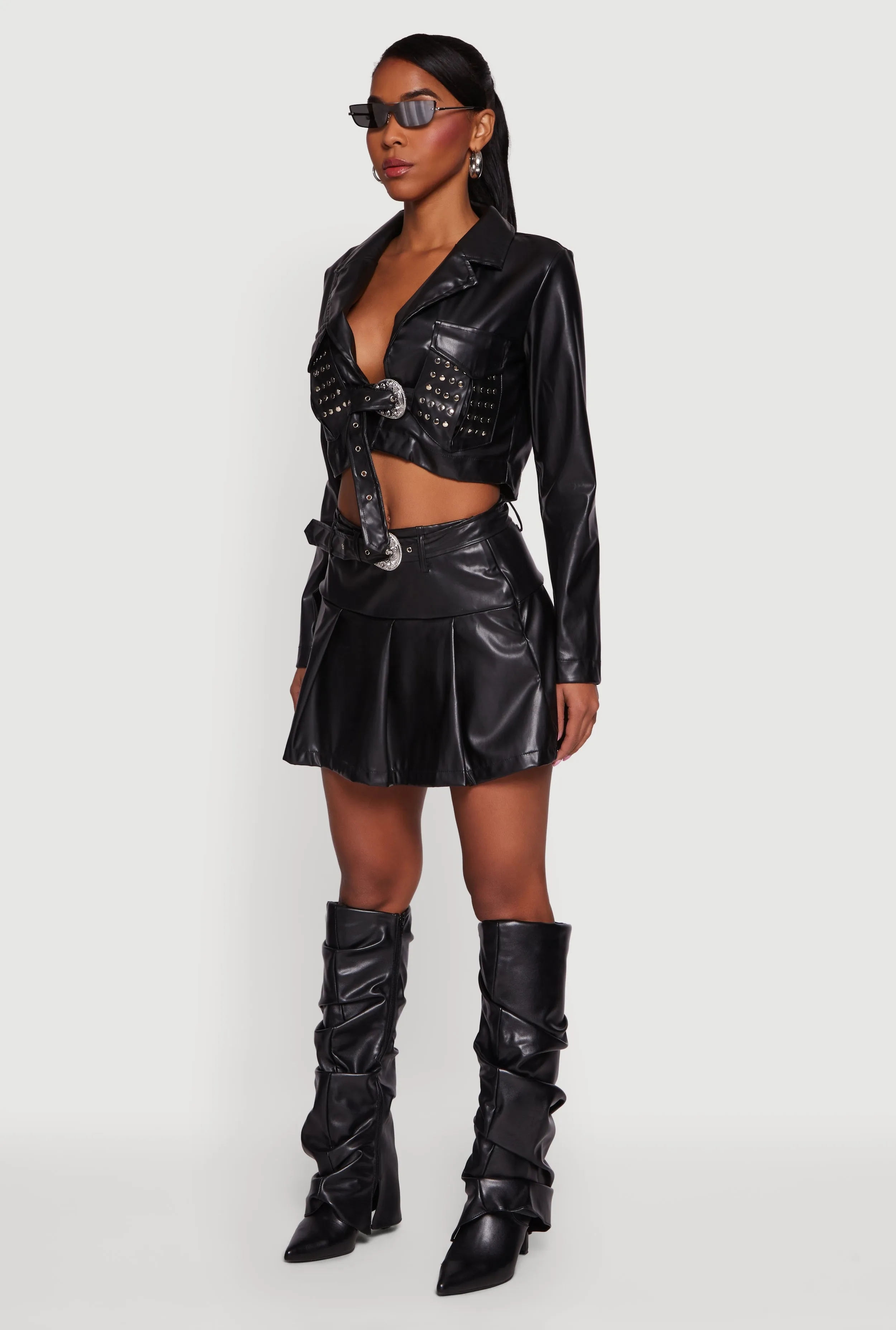 Cropped Faux Leather Belted Front Studded Jacket sold by Rainbow product image thumbnail 5