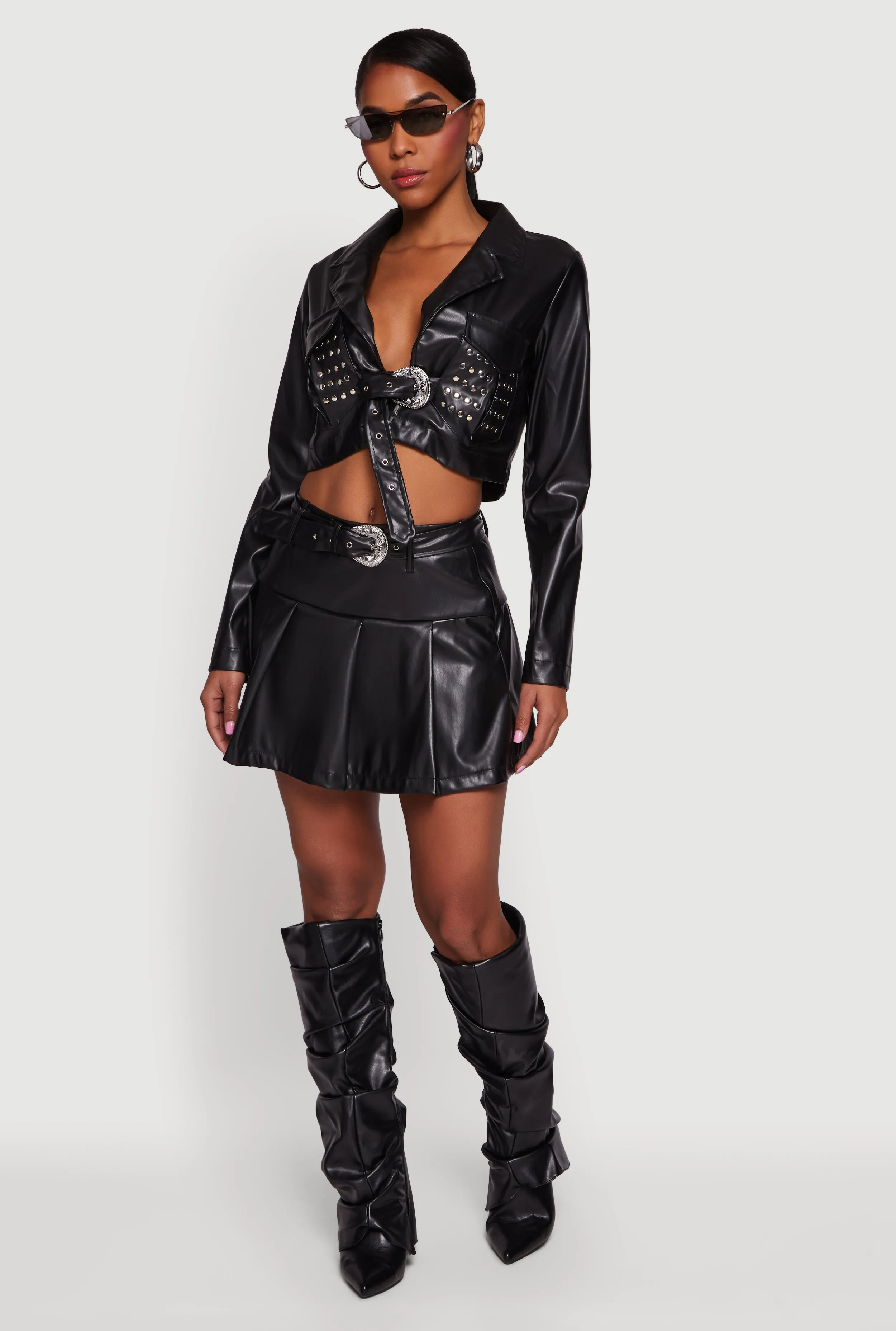 Cropped Faux Leather Belted Front Studded Jacket sold by Rainbow product image thumbnail 2